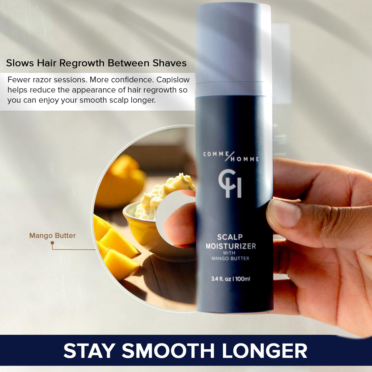 Comme Homme arrowroot powder reduces shine for a clean, non-greasy feel.