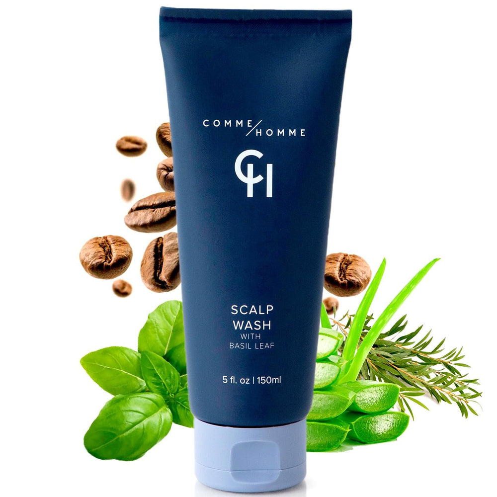 Comme Homme Hydrating Scalp Wash bottle front showing basil-infused cleansing refresh.