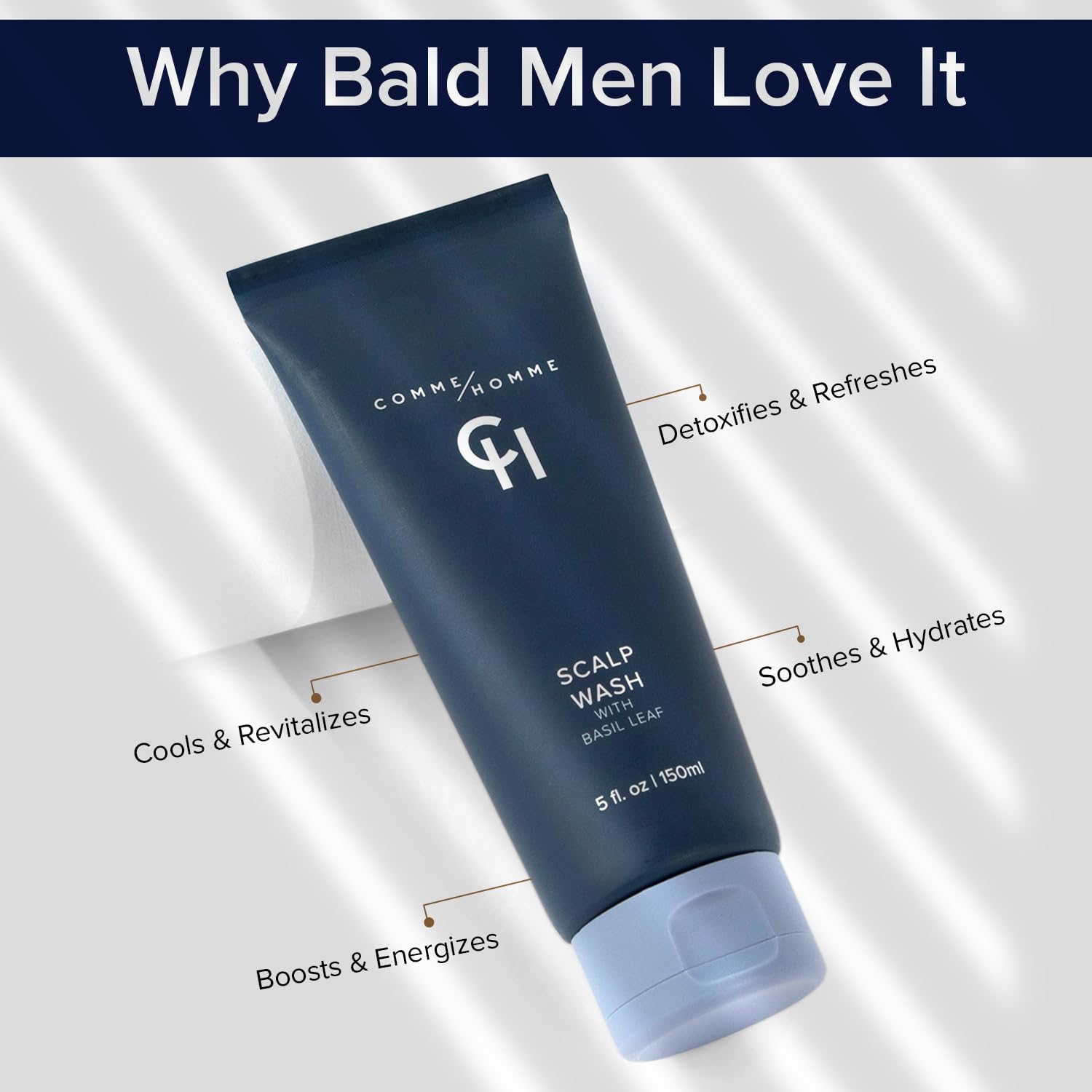 Comme Homme Hydrating Scalp Wash ingredients basil tea tree visuals for refreshing scalp.