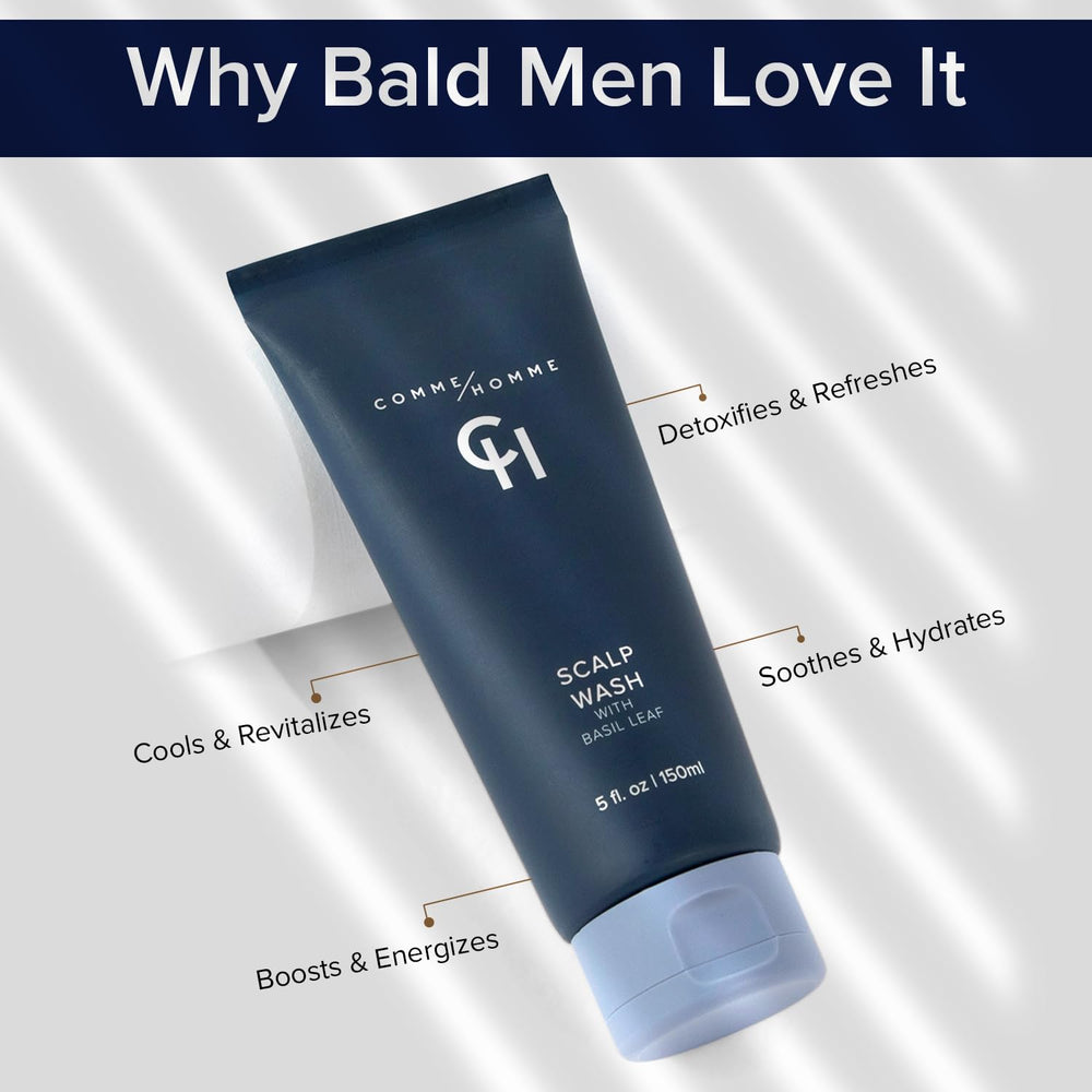 Comme Homme Hydrating Scalp Wash ingredients basil tea tree visuals for refreshing scalp.