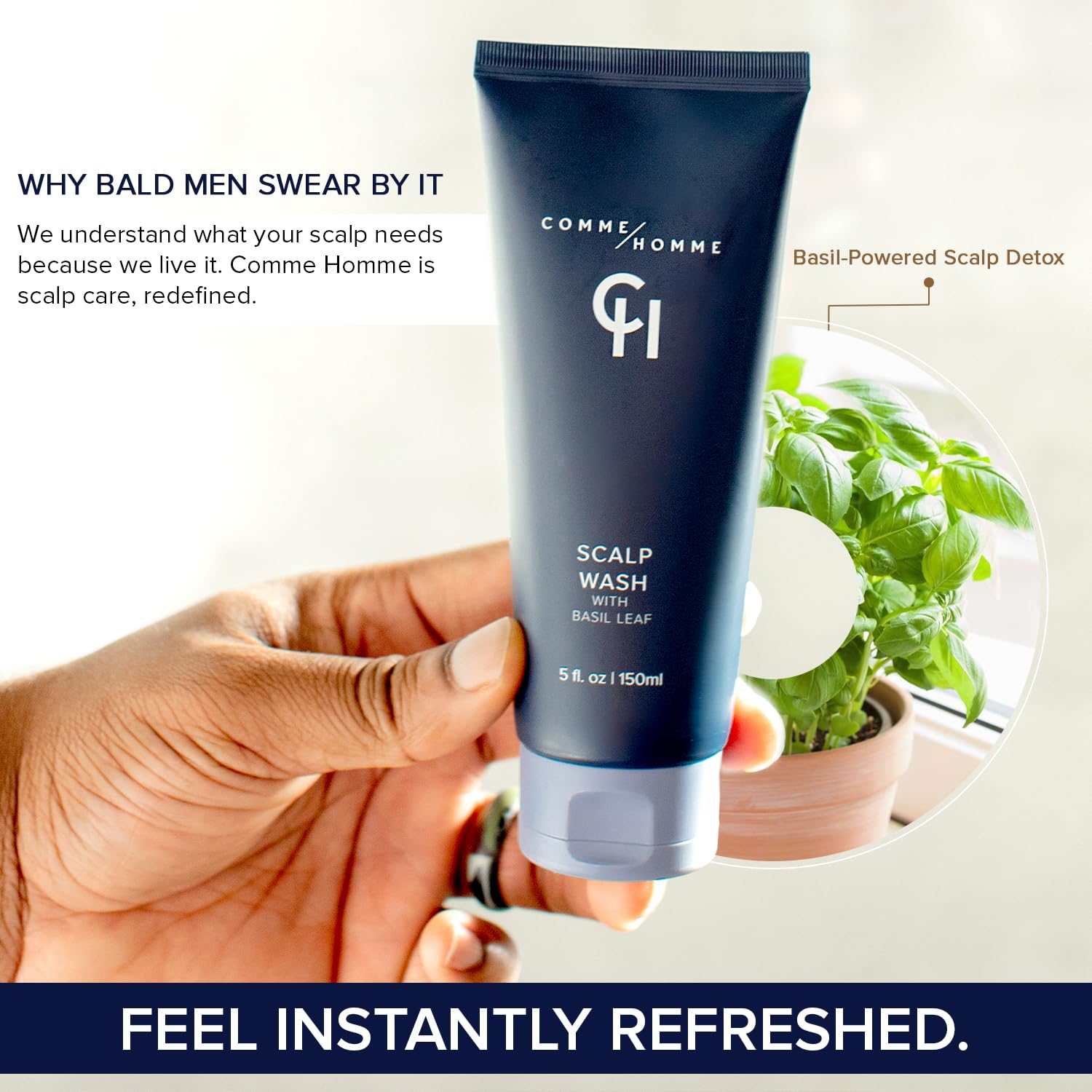 Comme Homme Hydrating Scalp Wash label close-up highlighting caffeine and botanicals.