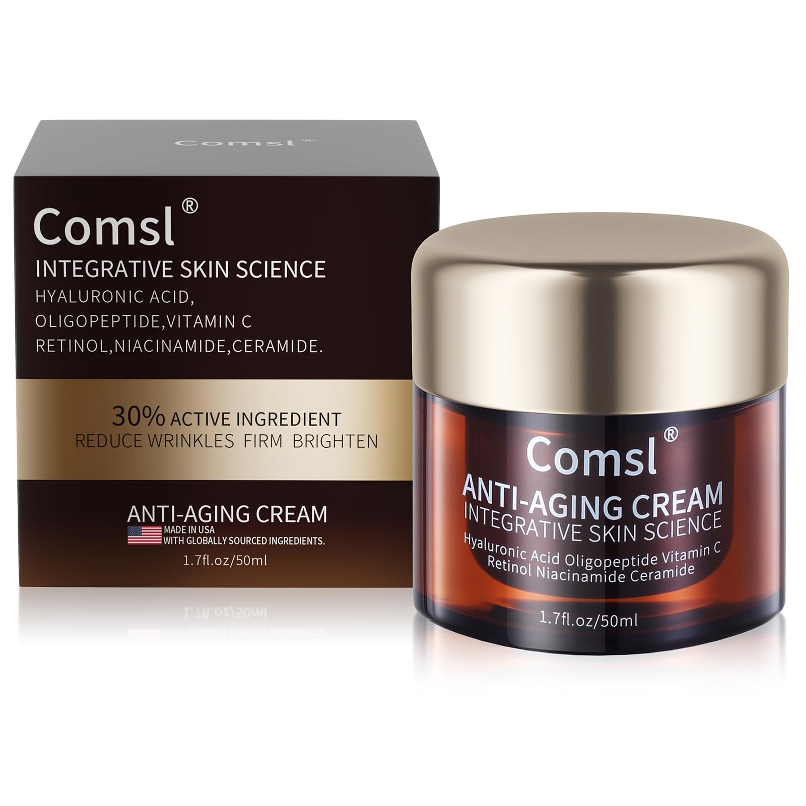Comsl bottle closeup shows US-made anti-aging formula with 30% active ingredients for skincare.