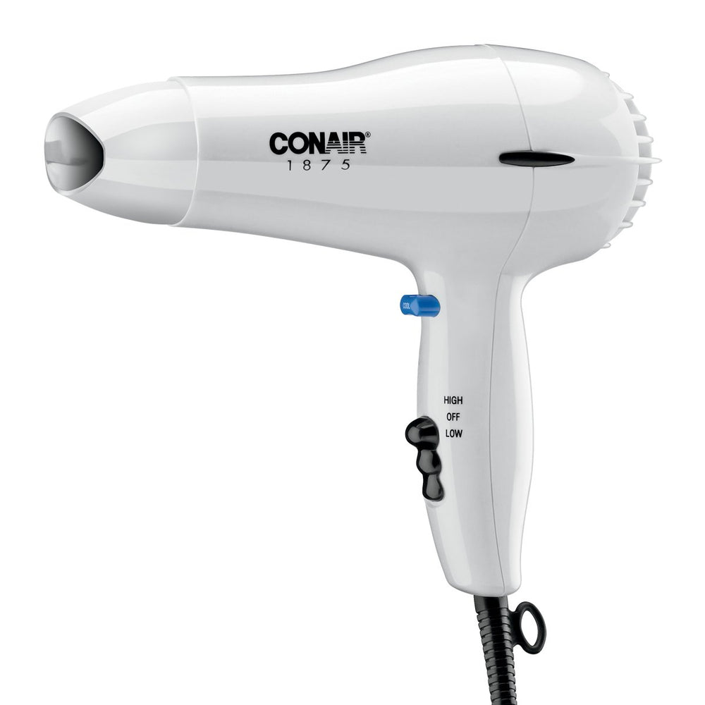 Conair 247W white compact hair dryer with concentrator nozzle for precise styling.