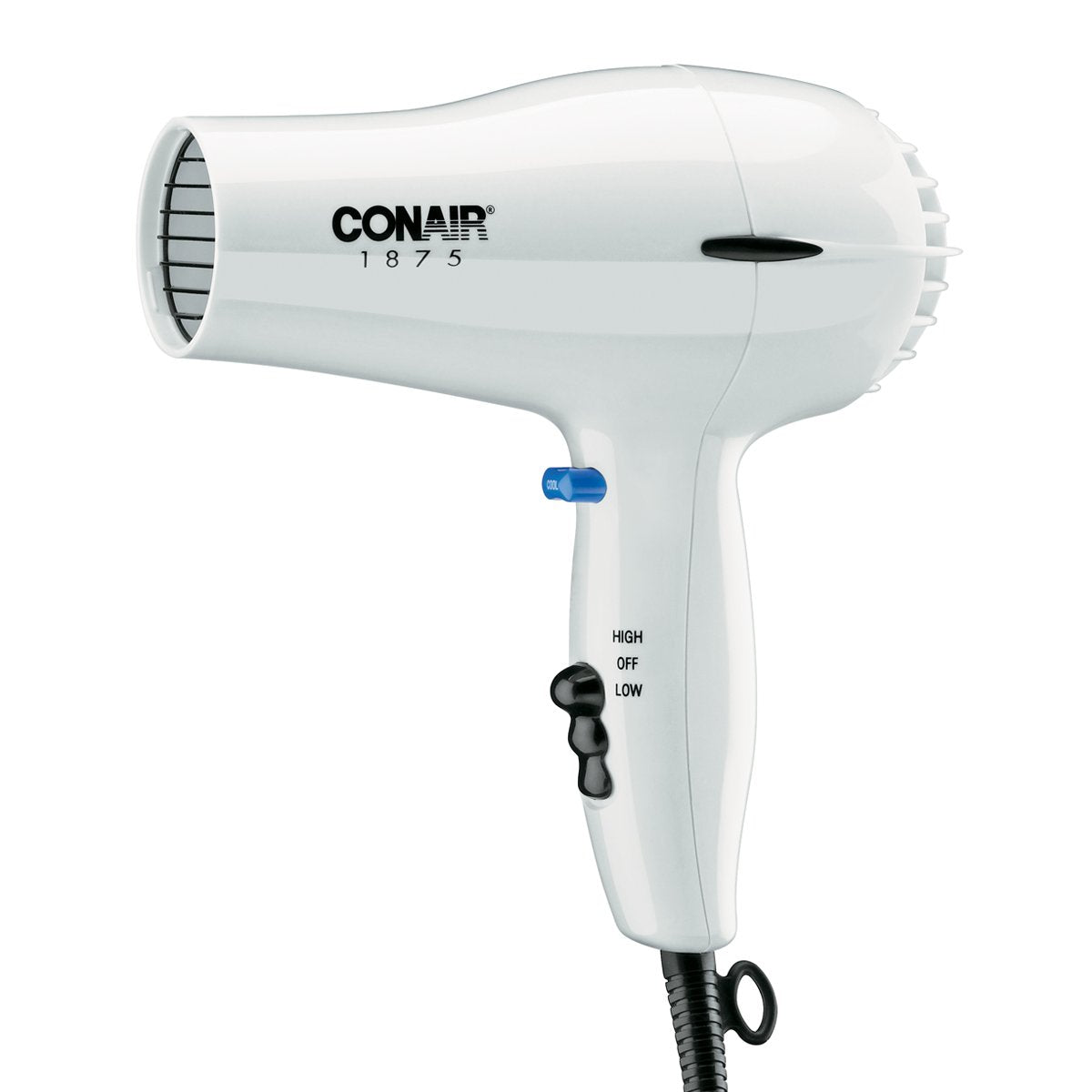 Conair 247W white compact hair dryer front view for quick drying and storage.
