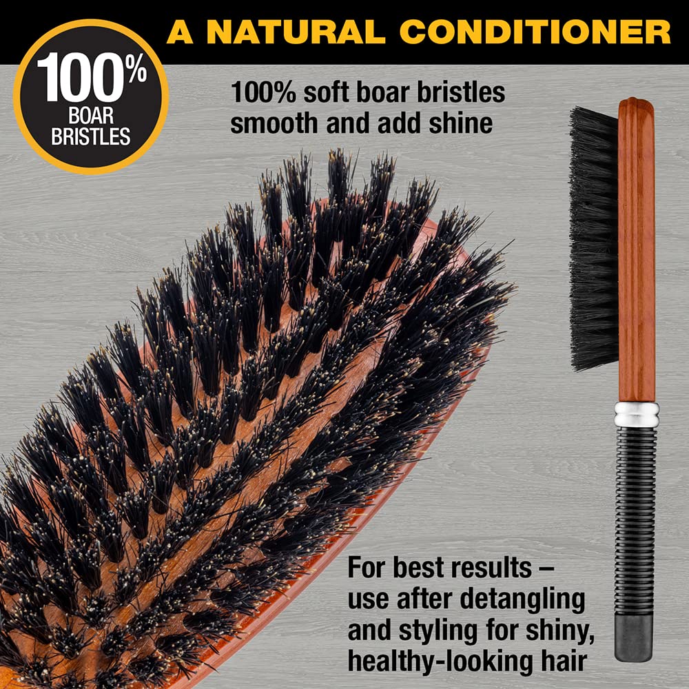 Conair All-Purpose Boar Bristle Hairbrush showing natural oil distribution for shine