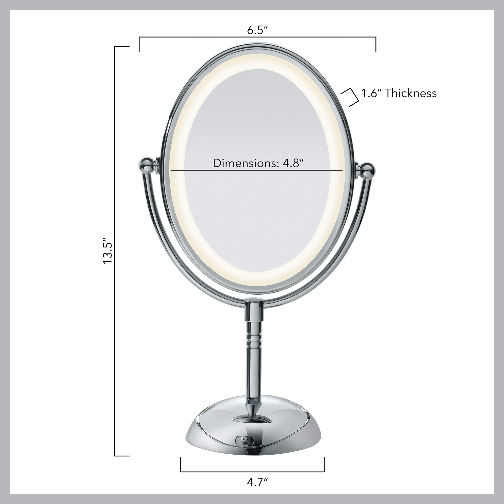 Conair battery-operated mirror uses energy-saving LEDs for long-lasting bright light.