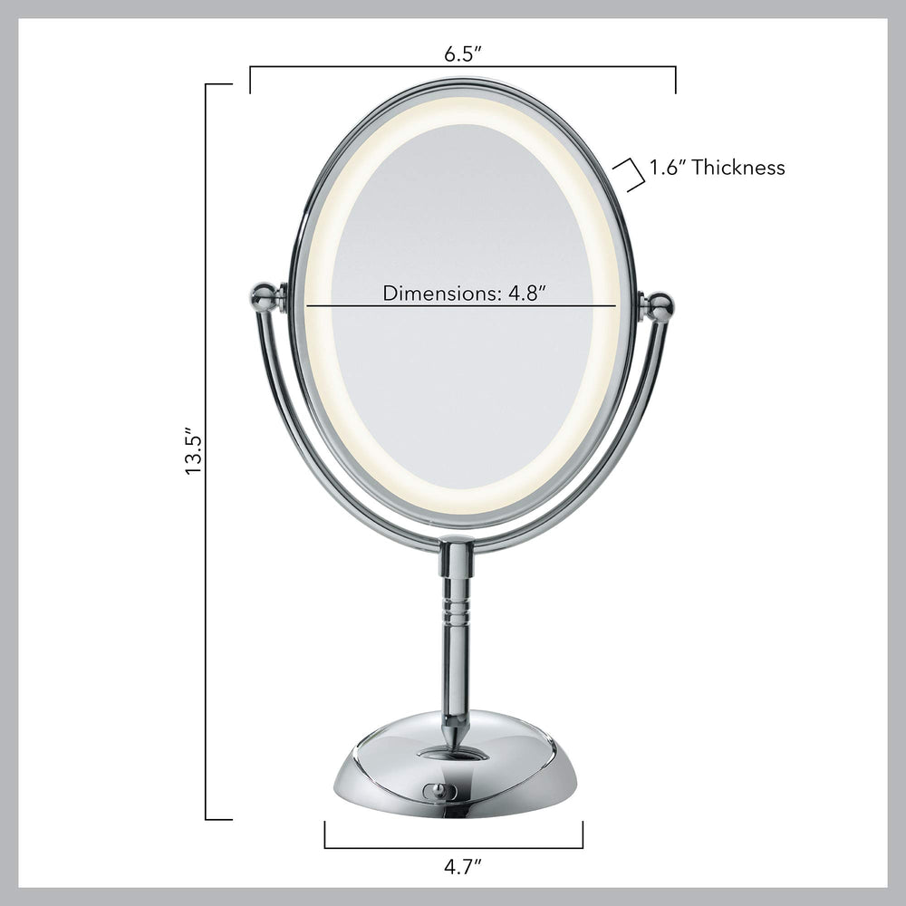 Conair battery-operated mirror uses energy-saving LEDs for long-lasting bright light.