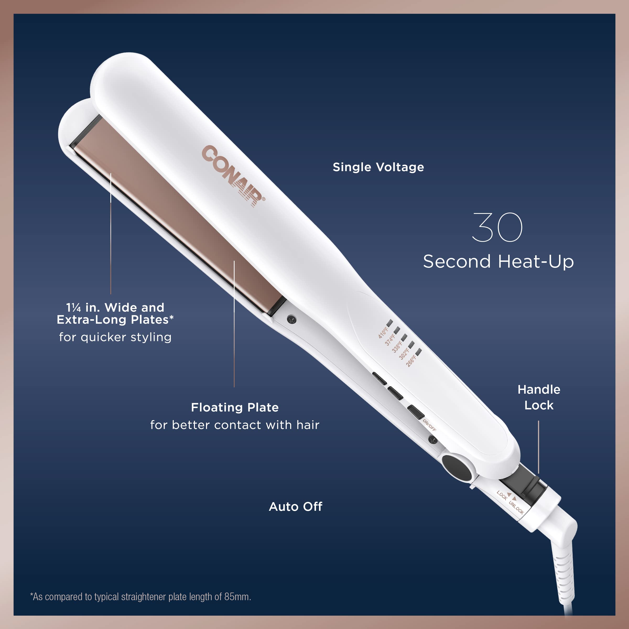 Conair ceramic flat iron long plates cover more hair for quicker straightening.