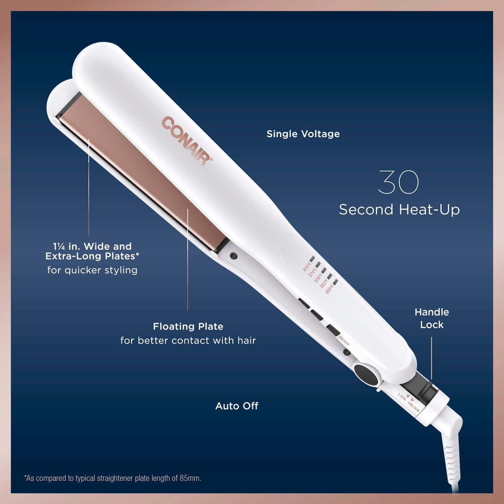 Conair ceramic flat iron long plates cover more hair for quicker straightening.
