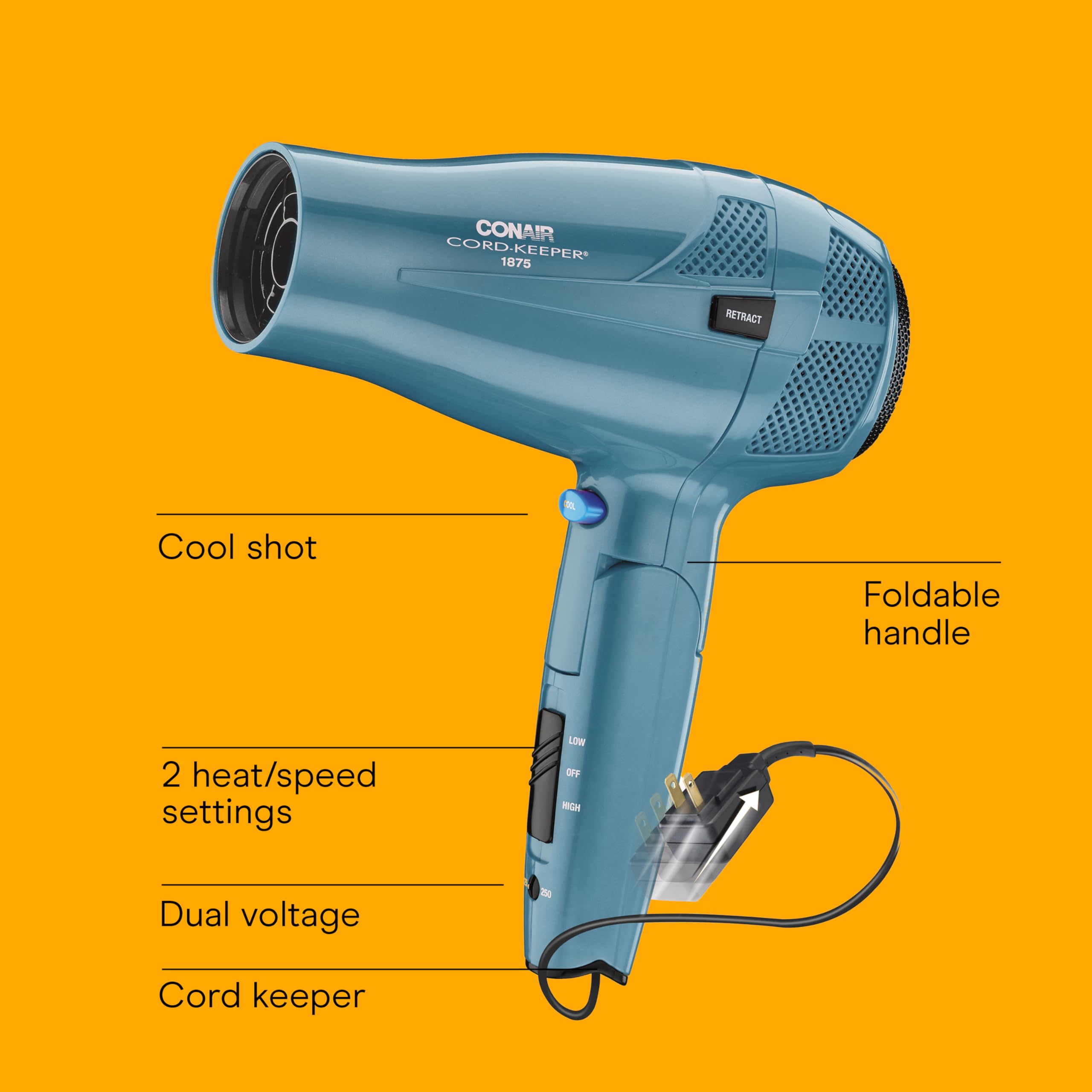 Conair Cord-Keeper Dryer retractable cord keeps cords neat and travel-friendly.
