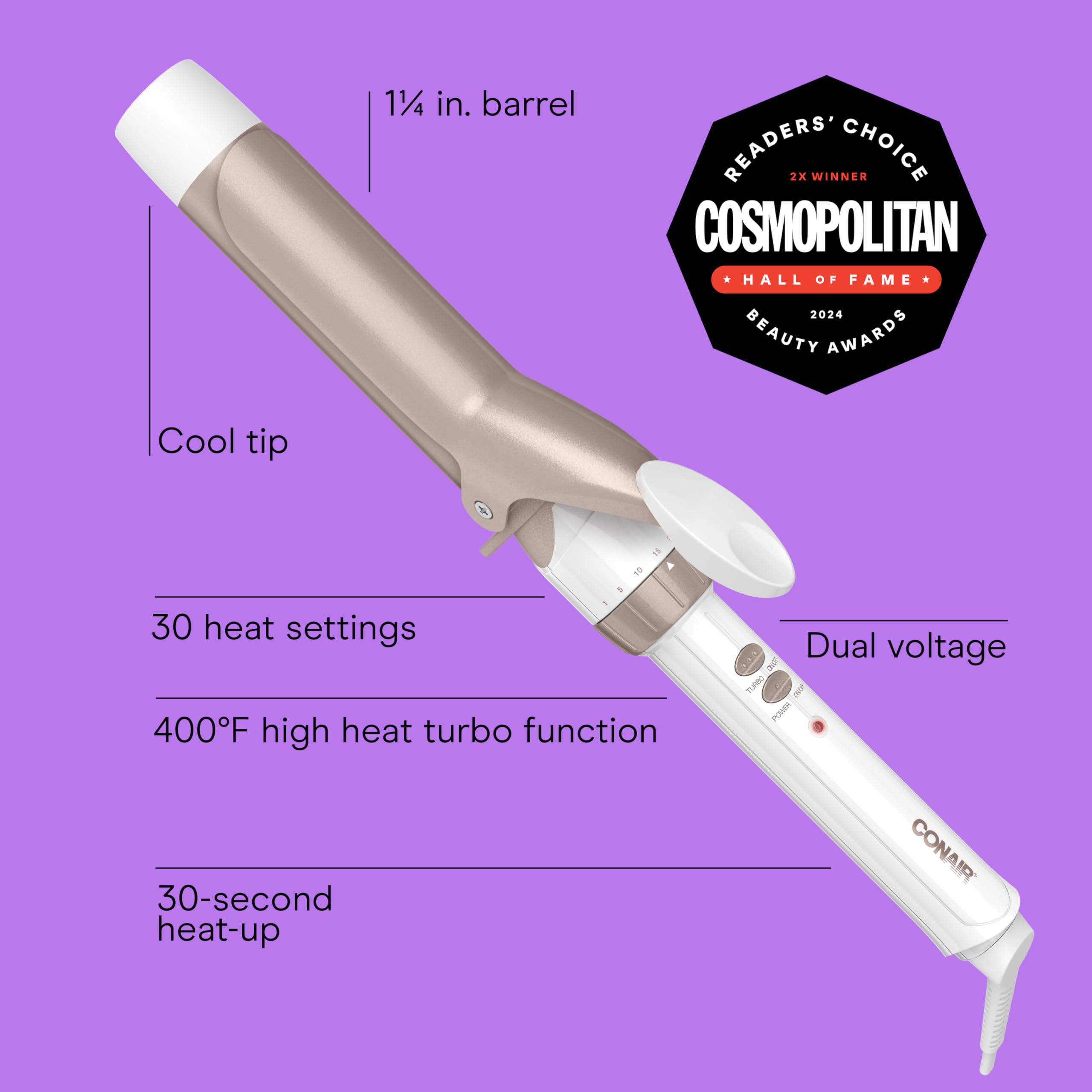 Conair curling iron heat settings dial enables customizable styling options.