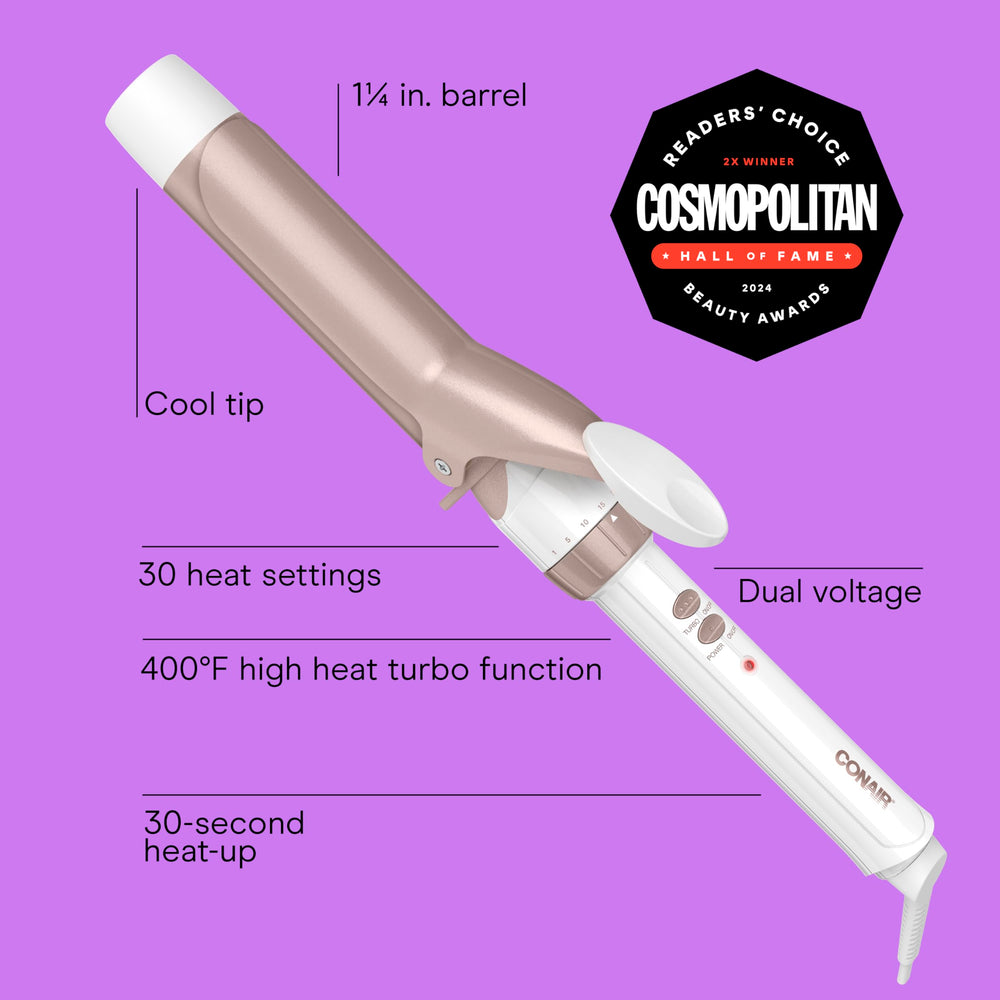 Conair curling iron heat settings dial enables customizable styling options.