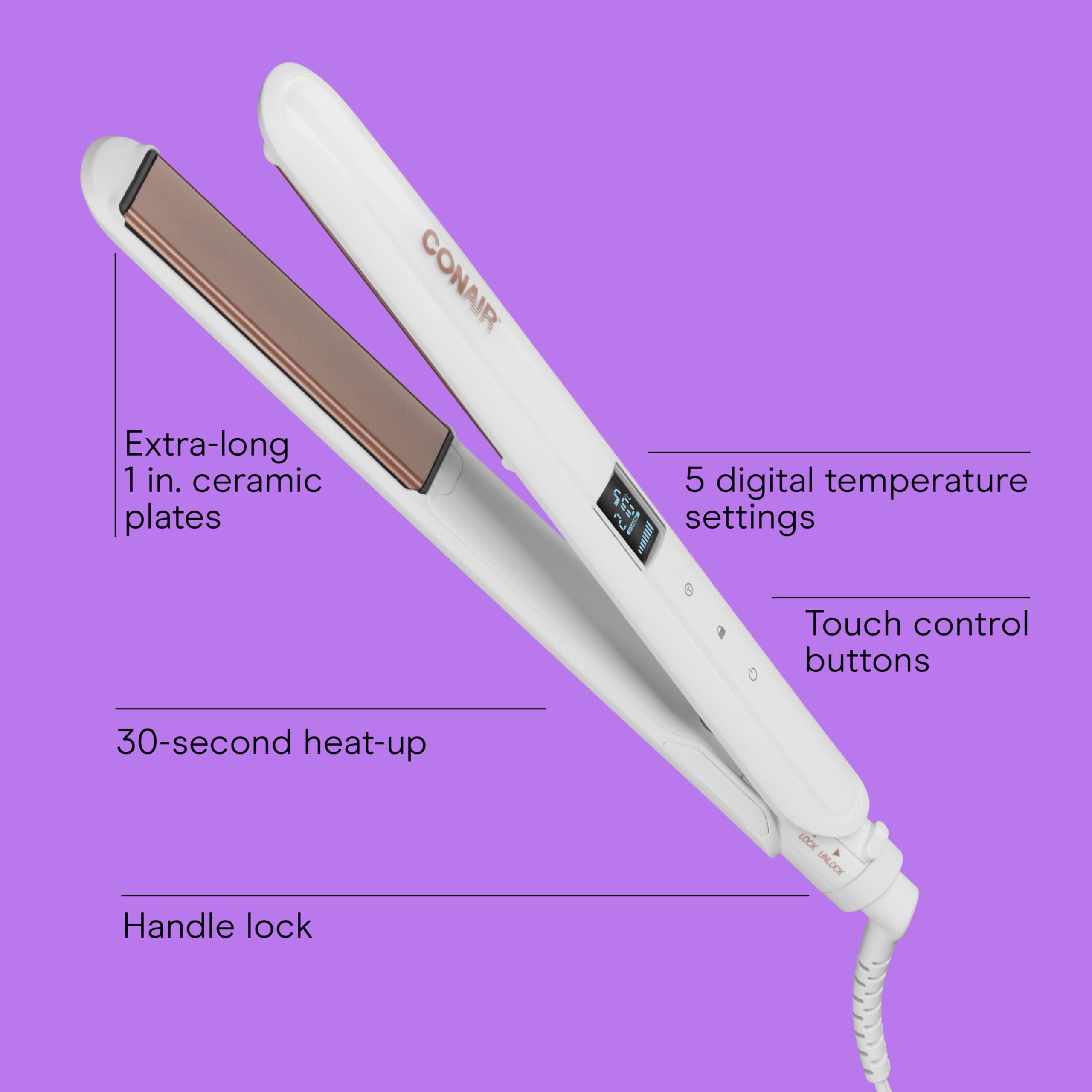 Conair double ceramic 1-inch curling wand barrel delivers smooth heat for frizz control.