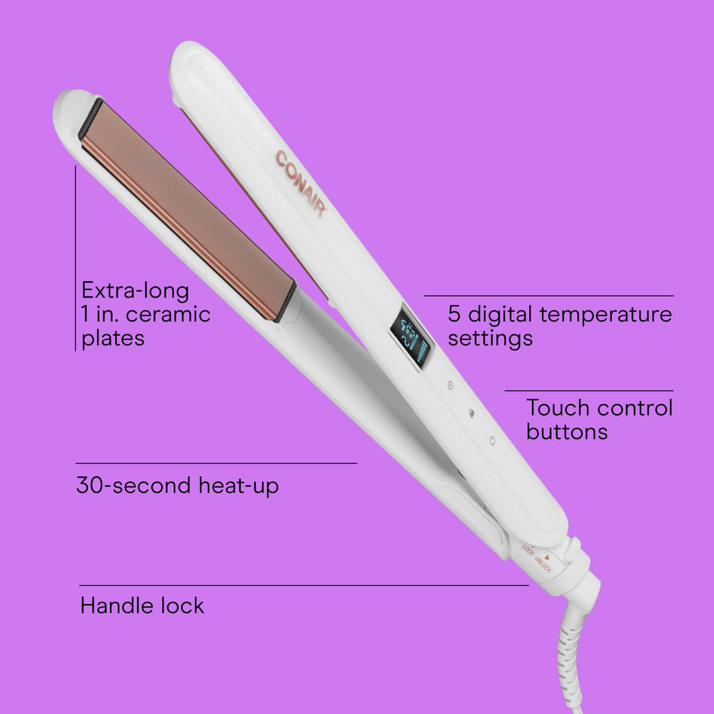 Conair double ceramic 1-inch curling wand barrel delivers smooth heat for frizz control.