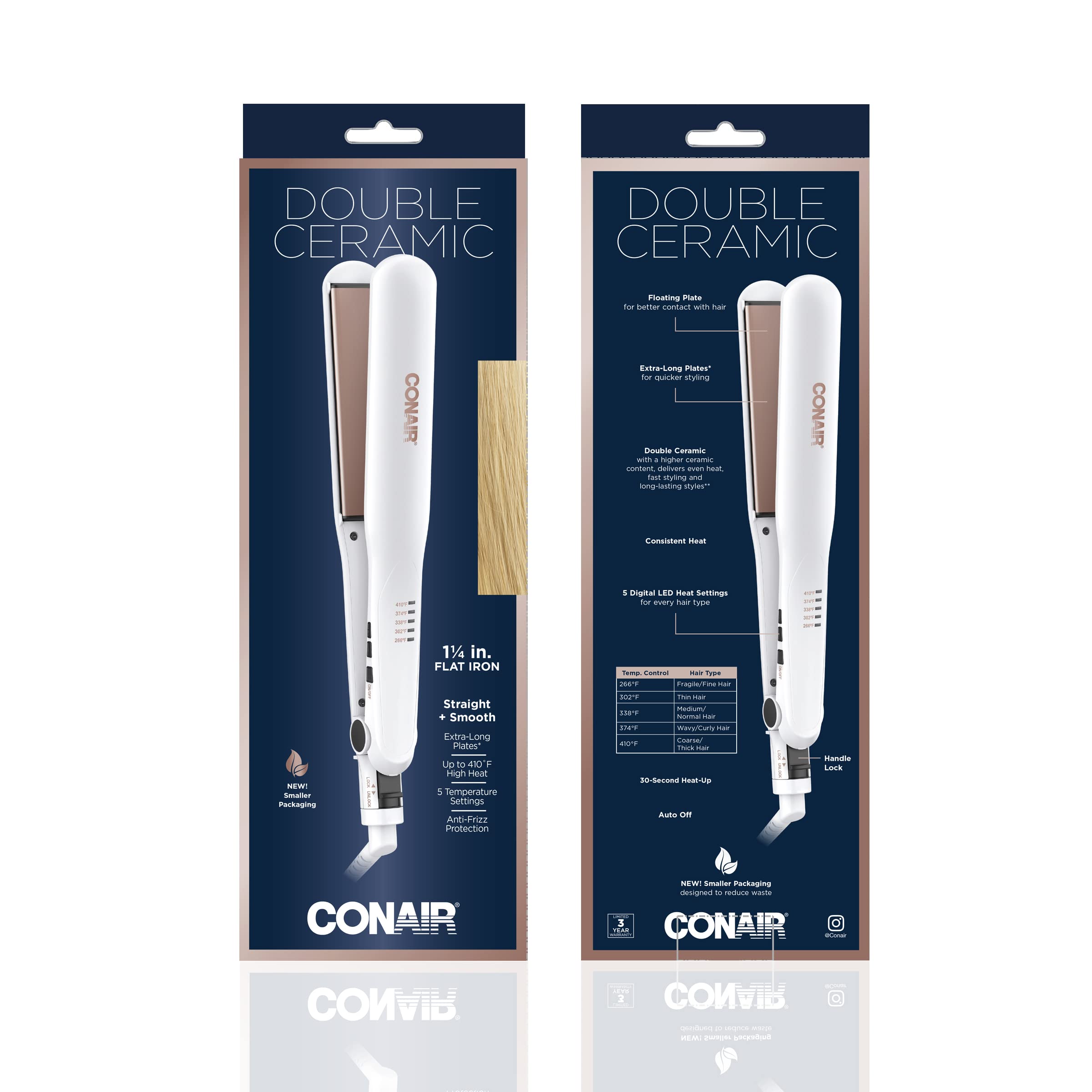 Conair Double Ceramic Flat Iron in-use showing smooth straightening across hair sections.
