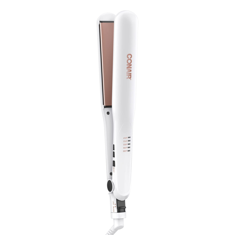 Conair Double Ceramic Flat Iron close-up showing even heat distribution for frizz-free shine.