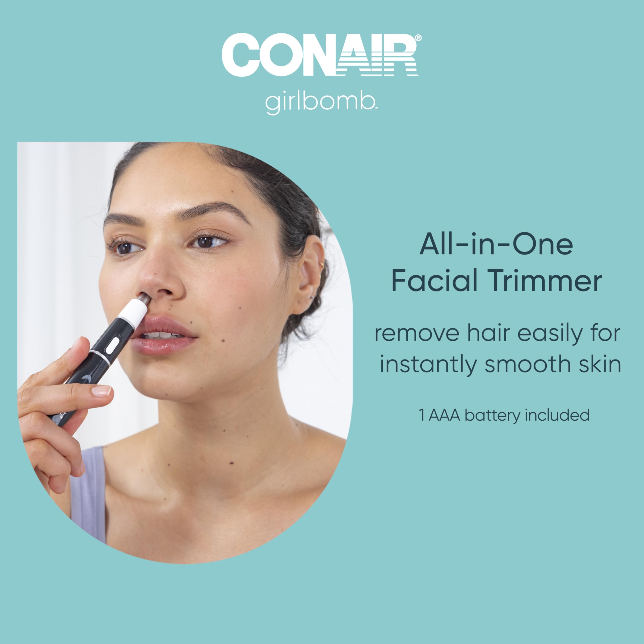 Conair GIRLBOMB trimmer in hand shows cordless grooming.