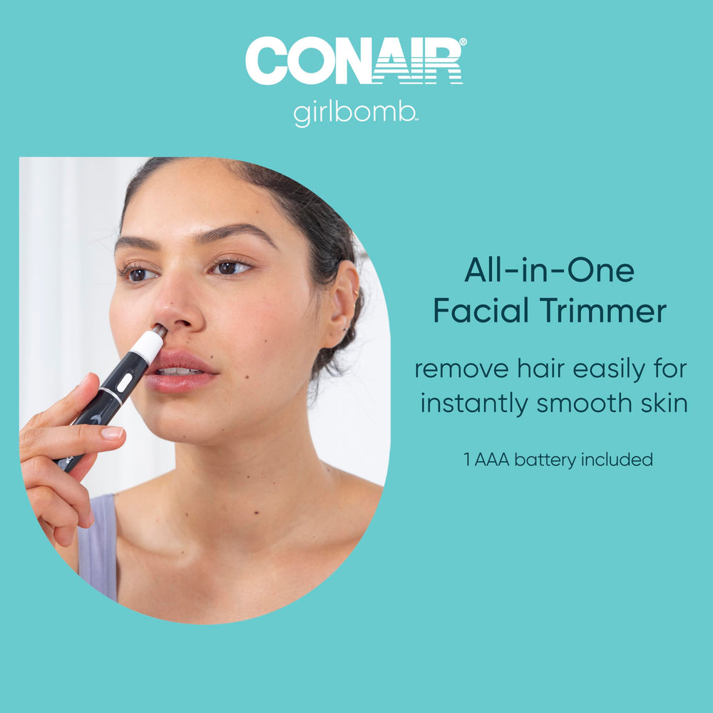 Conair GIRLBOMB trimmer in hand shows cordless grooming.