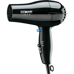 Conair hairdryer black front view emphasizes quick drying potential for busy mornings