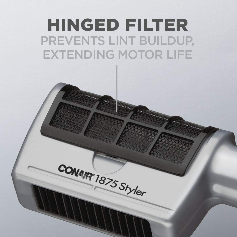 Conair hinged filter ensures easy maintenance and consistent performance.