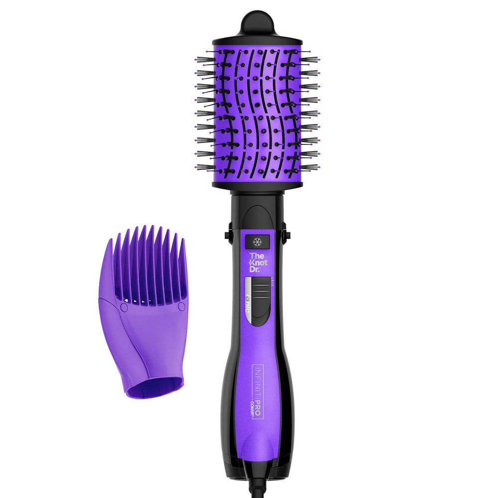 Conair INFINITIPRO Knot Dr. All-In-One Oval Dryer Brush detangles wet hair with gentle nylon bristles for easy styling.