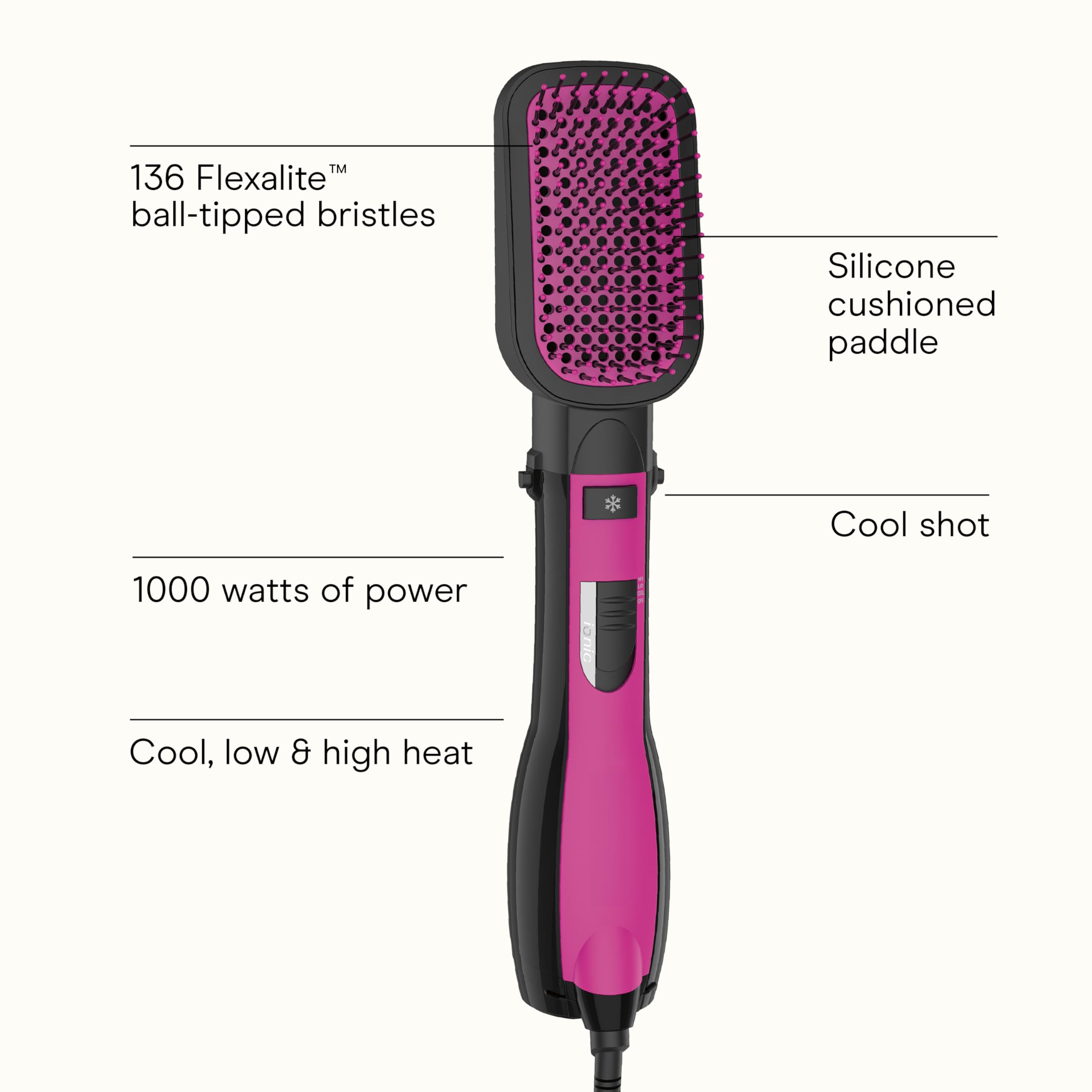 Conair Infiniti Pro All-in-One Dryer Brush control panel shows three heat settings for versatile styling.