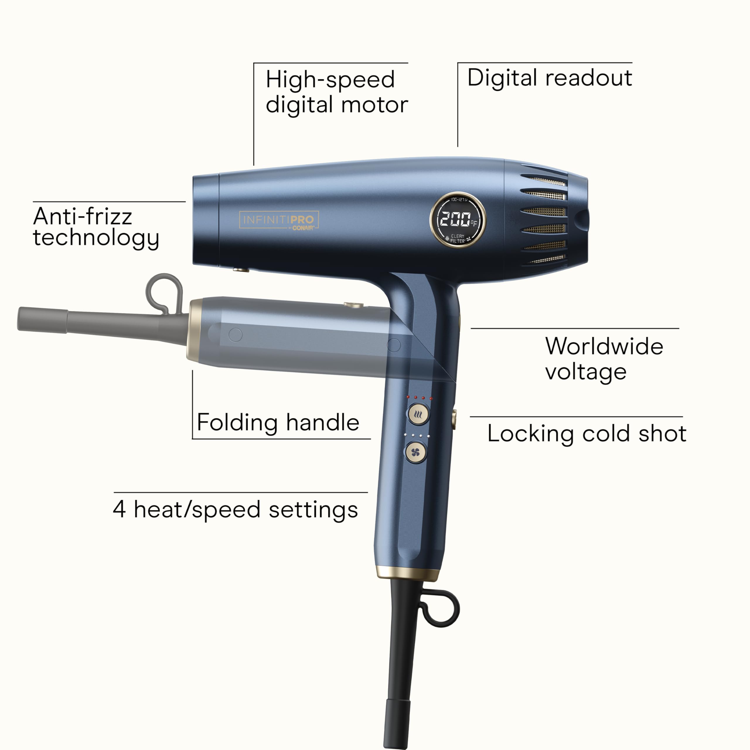 Conair Infiniti PRO DigitalAIRE 2.0 with diffuser attached demonstrating frizz control