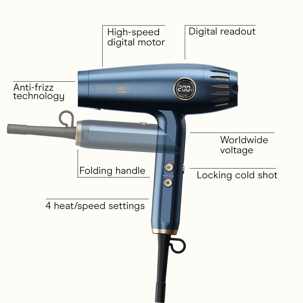 Conair Infiniti PRO DigitalAIRE 2.0 with diffuser attached demonstrating frizz control