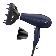 Conair InfinitiPRO dryer dark blue ready for quick, gentle drying and frizz control.