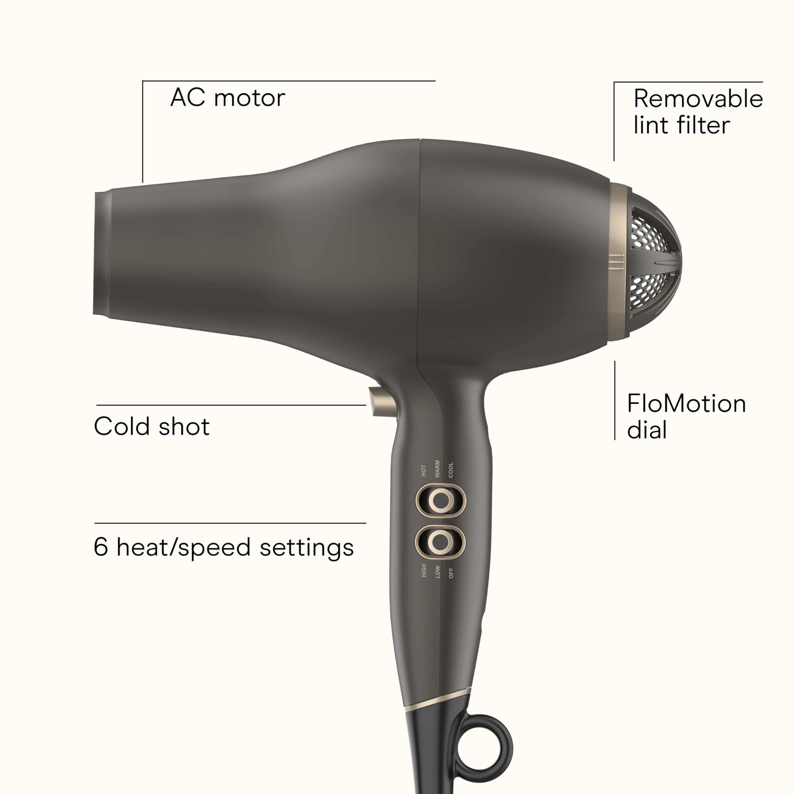 Conair Infiniti Pro FloMotion Pro dial close up showing adjustable airflow for personalization.