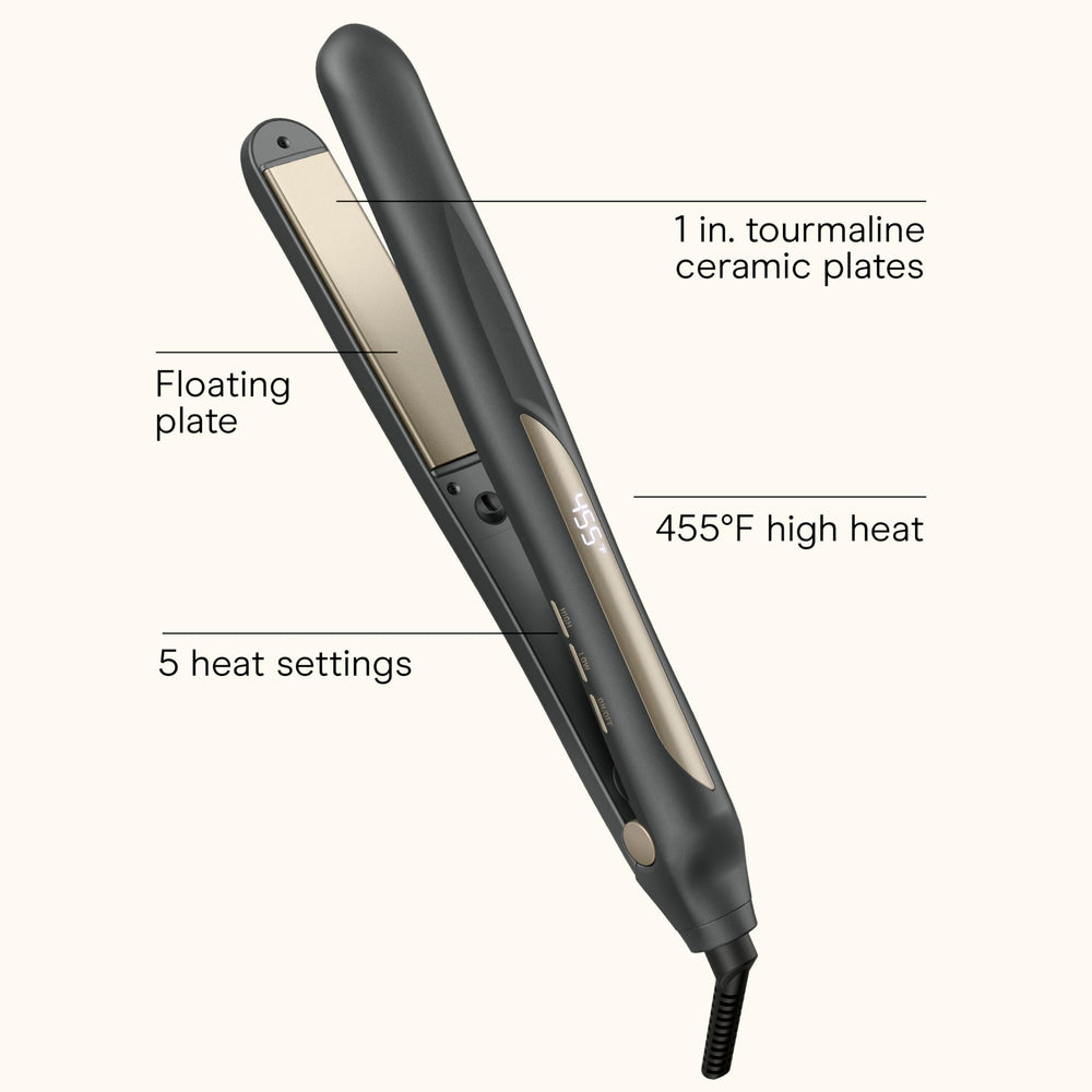 Conair Infiniti Pro tourmaline flat iron side profile showing versatile performance for straightening or curling.