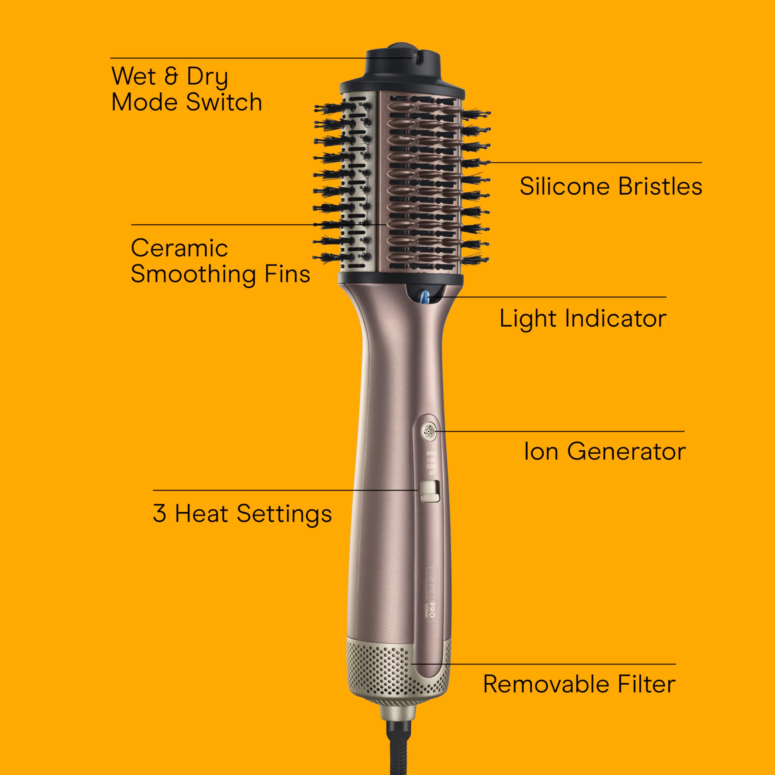 Infiniti Pro wet mode dries damp hair with precise styling and heat control.