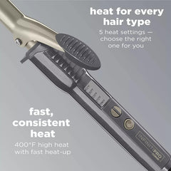 Conair InfinitiPRO curling iron shows five heat settings for all hair types.
