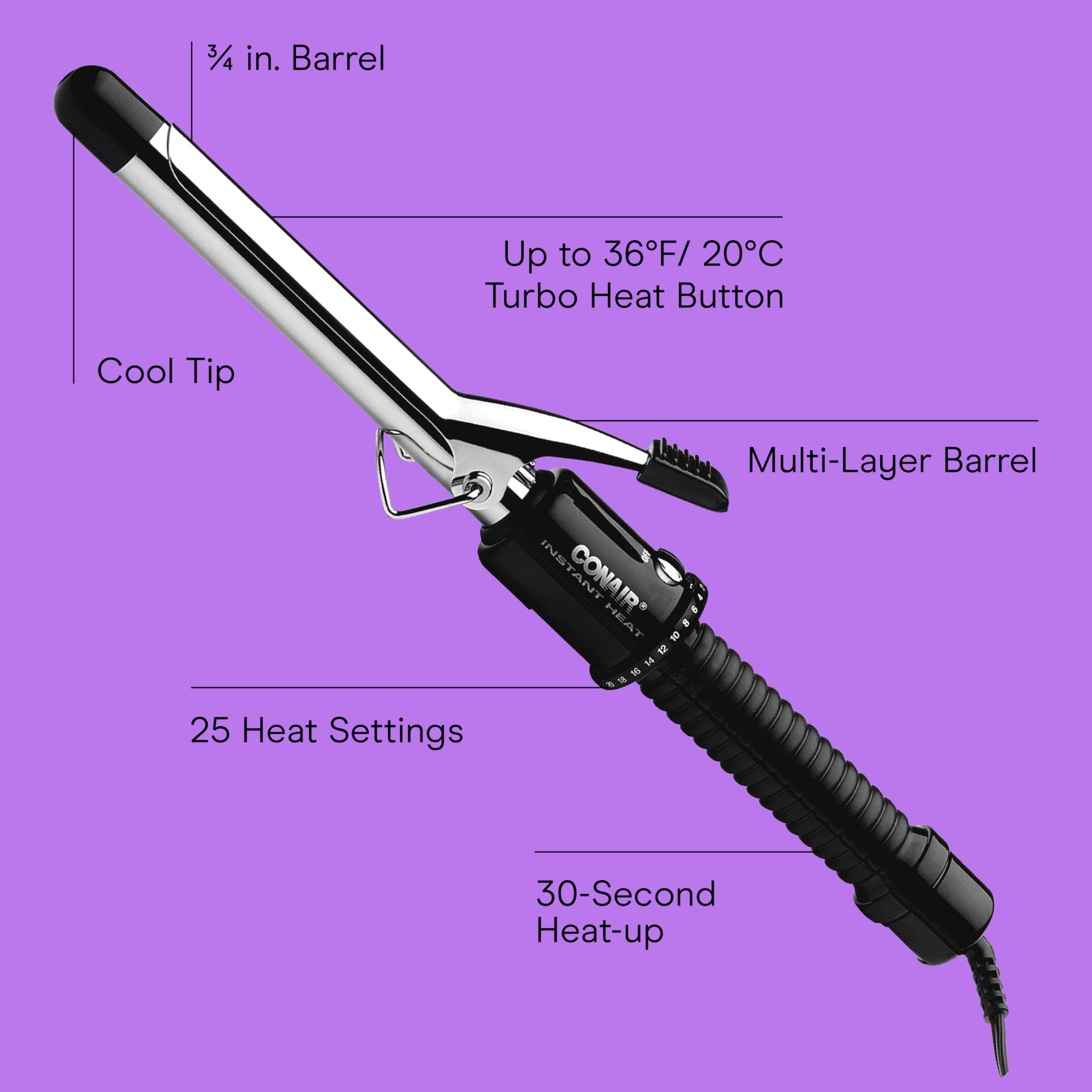 Conair Instant Heat ¾-Inch Curling Iron heat settings dial highlights customization options.