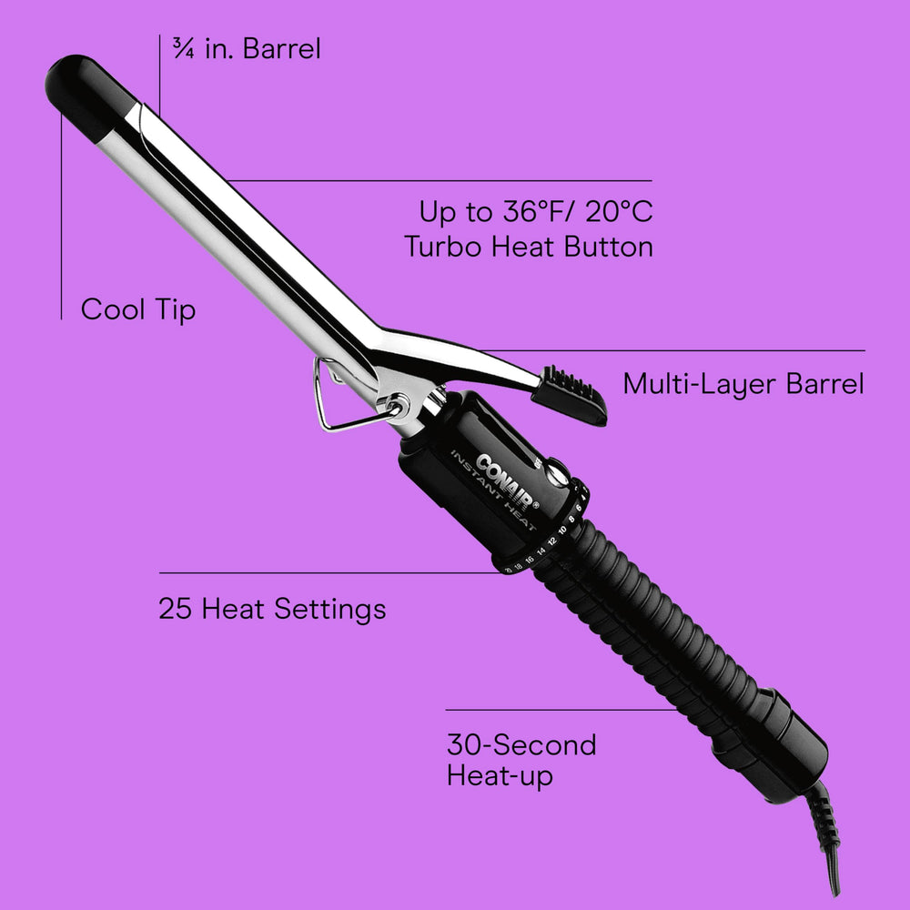 Conair Instant Heat ¾-Inch Curling Iron heat settings dial highlights customization options.