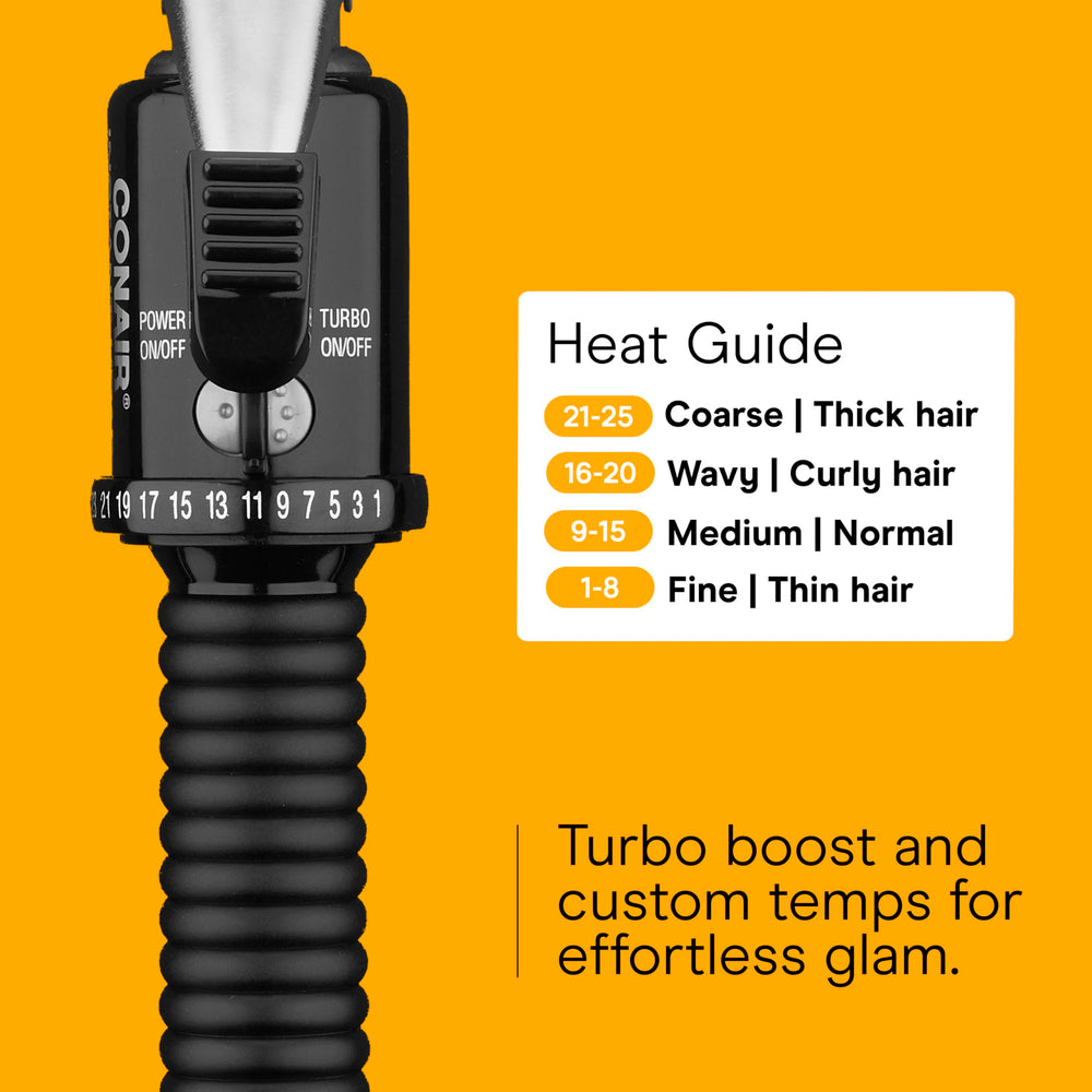 Conair Instant Heat curling iron dual-voltage plug enables travel-ready styling worldwide.