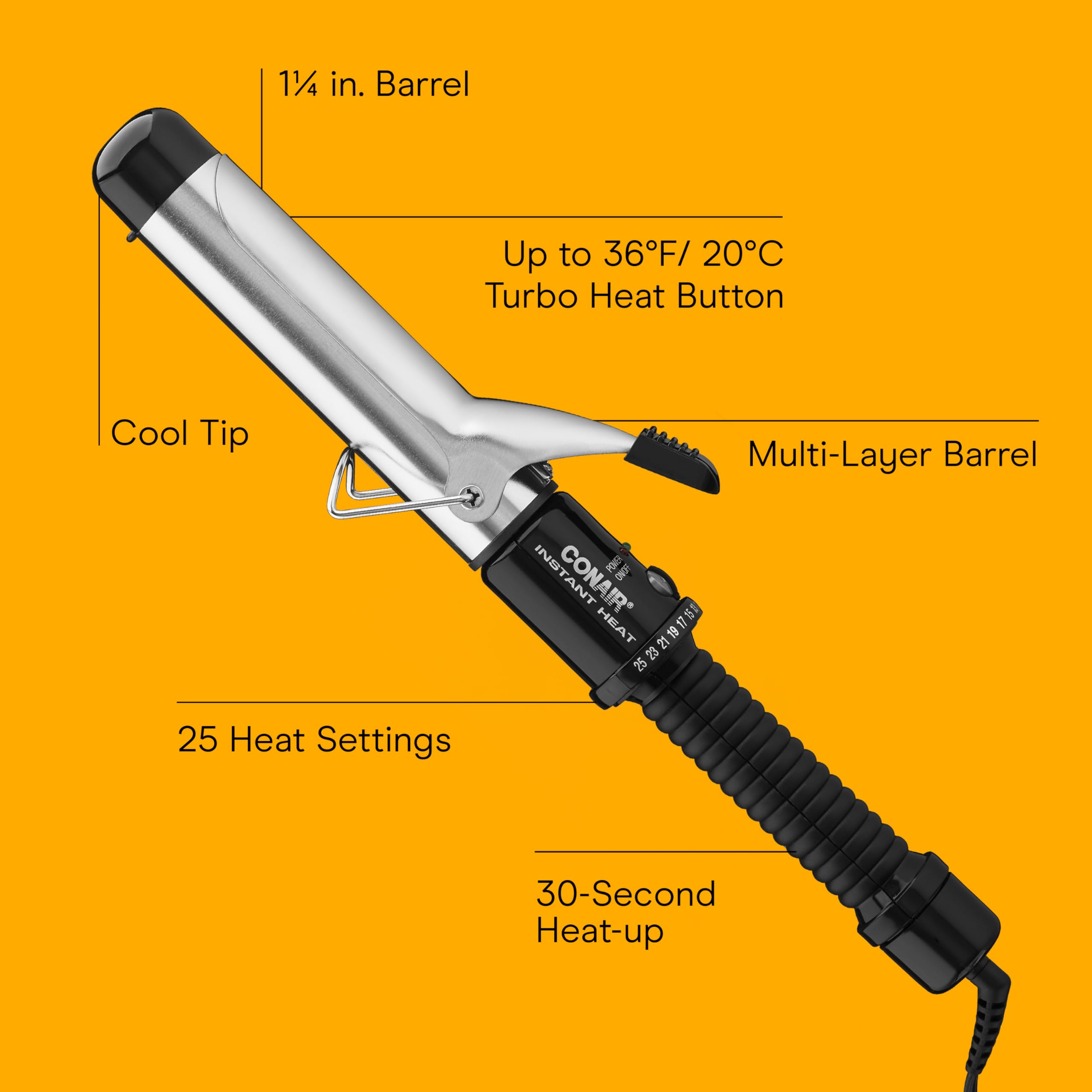 Conair Instant Heat curling iron handle closeup highlights nonslip grip for confident styling.
