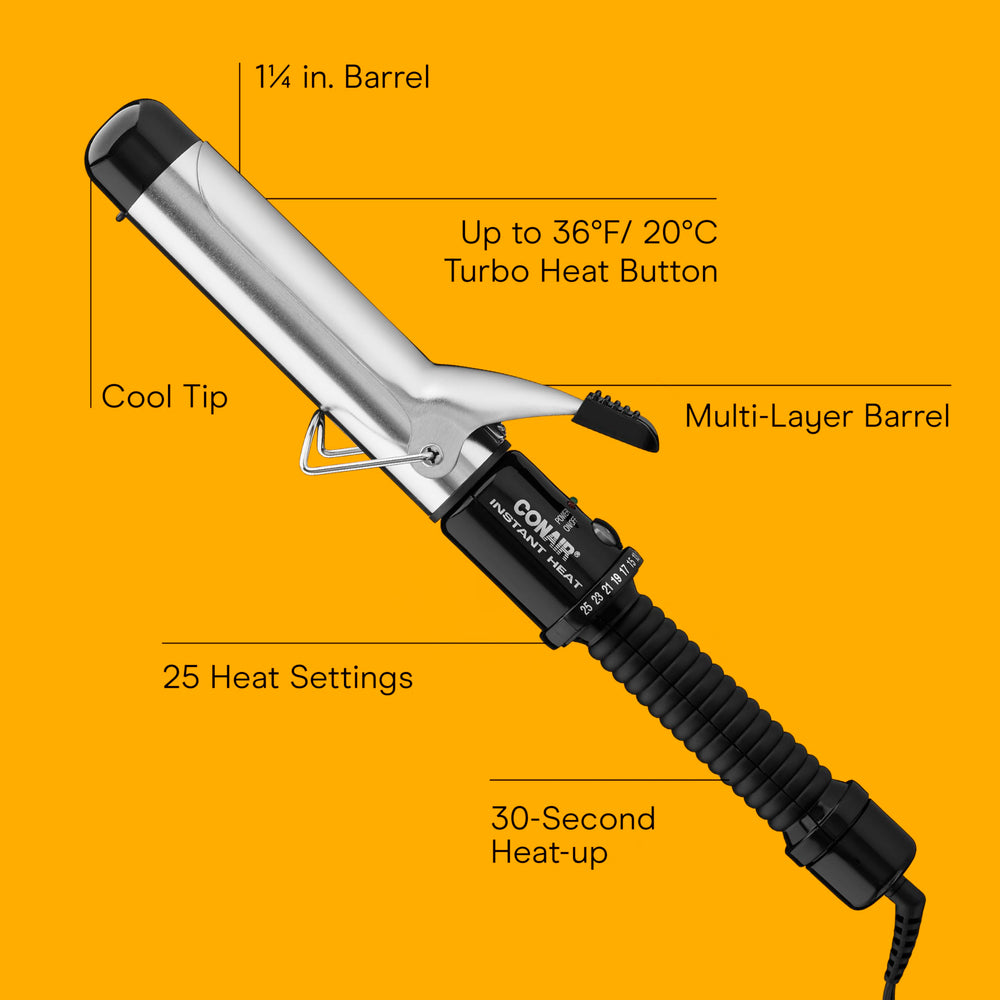 Conair Instant Heat curling iron handle closeup highlights nonslip grip for confident styling.