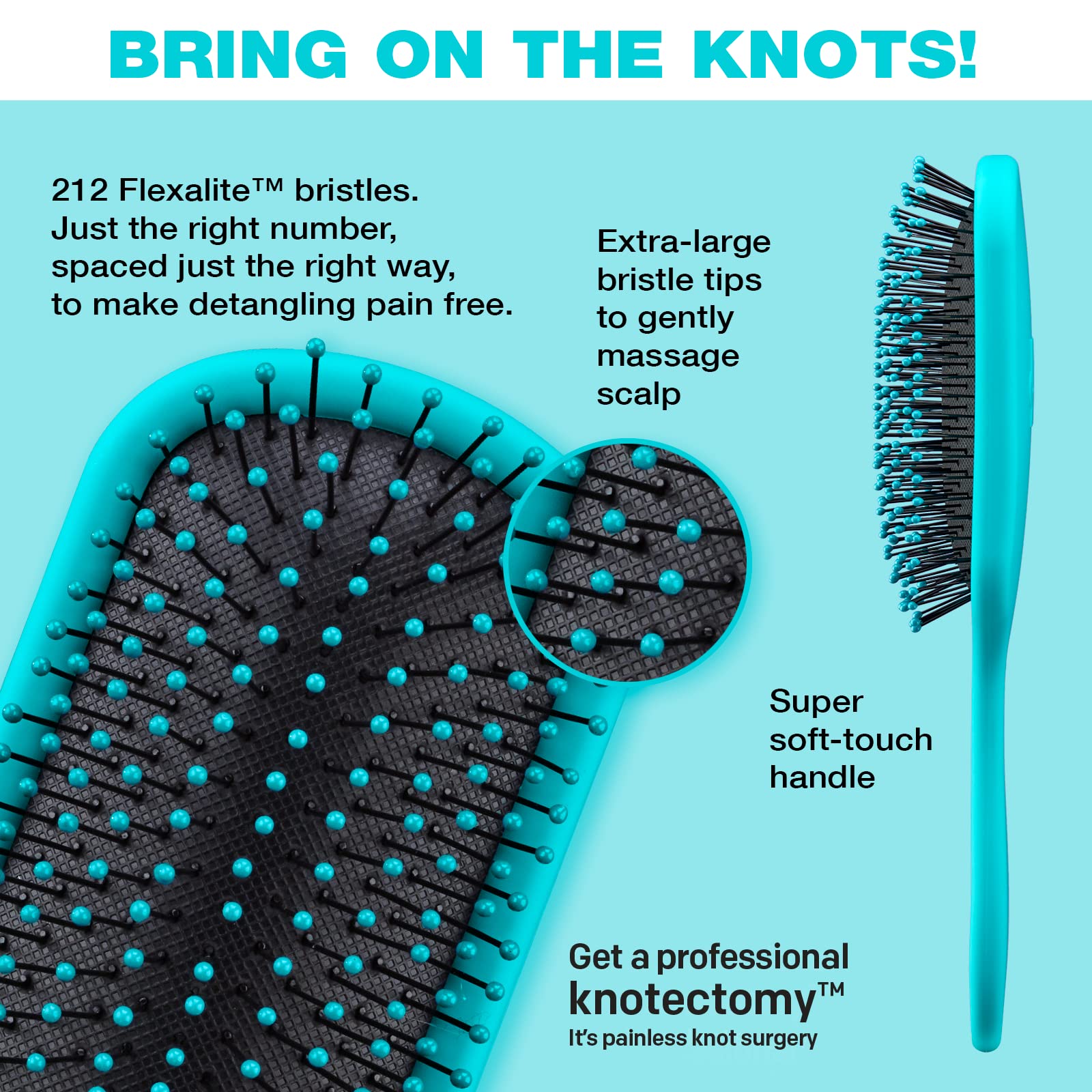 Conair Knot Dr. detangler brush close-up shows flexible bristles for smooth glide.