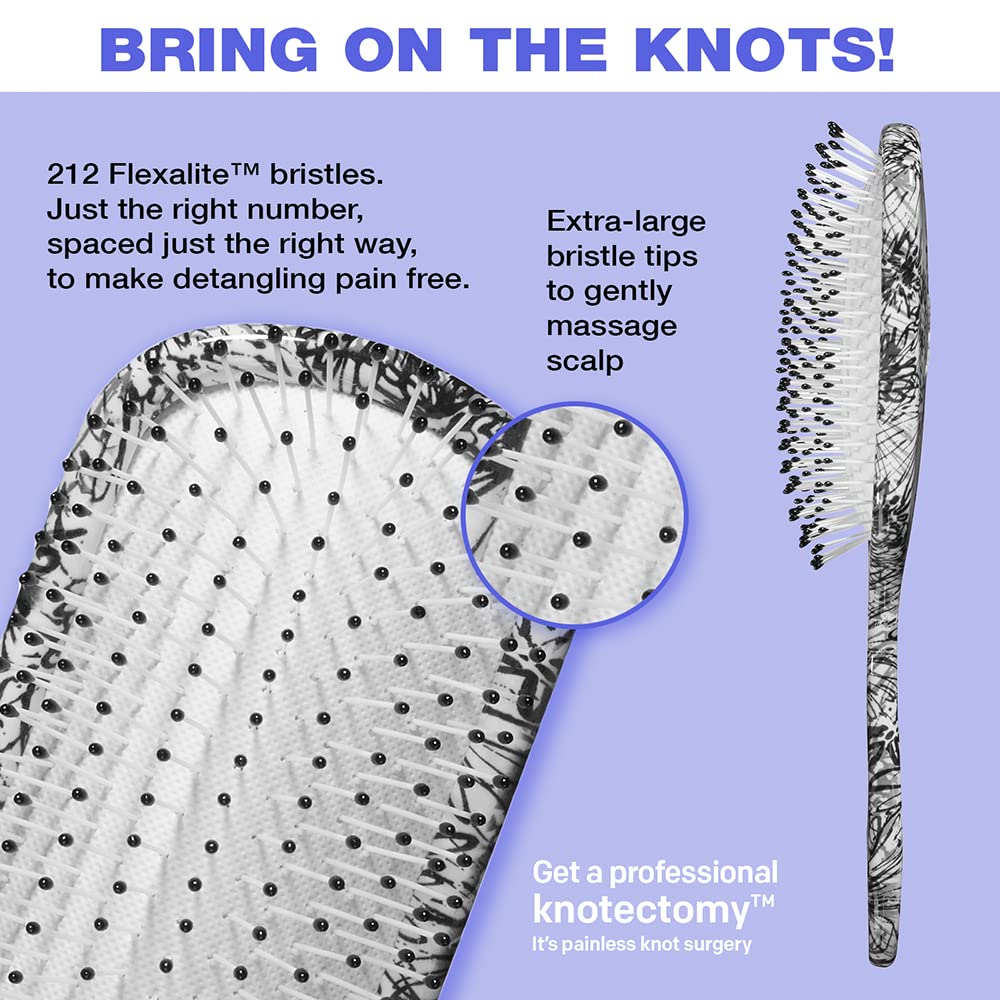 Conair Knot Dr brush showcases flexalite bristles for painless detangling on curly or straight hair
