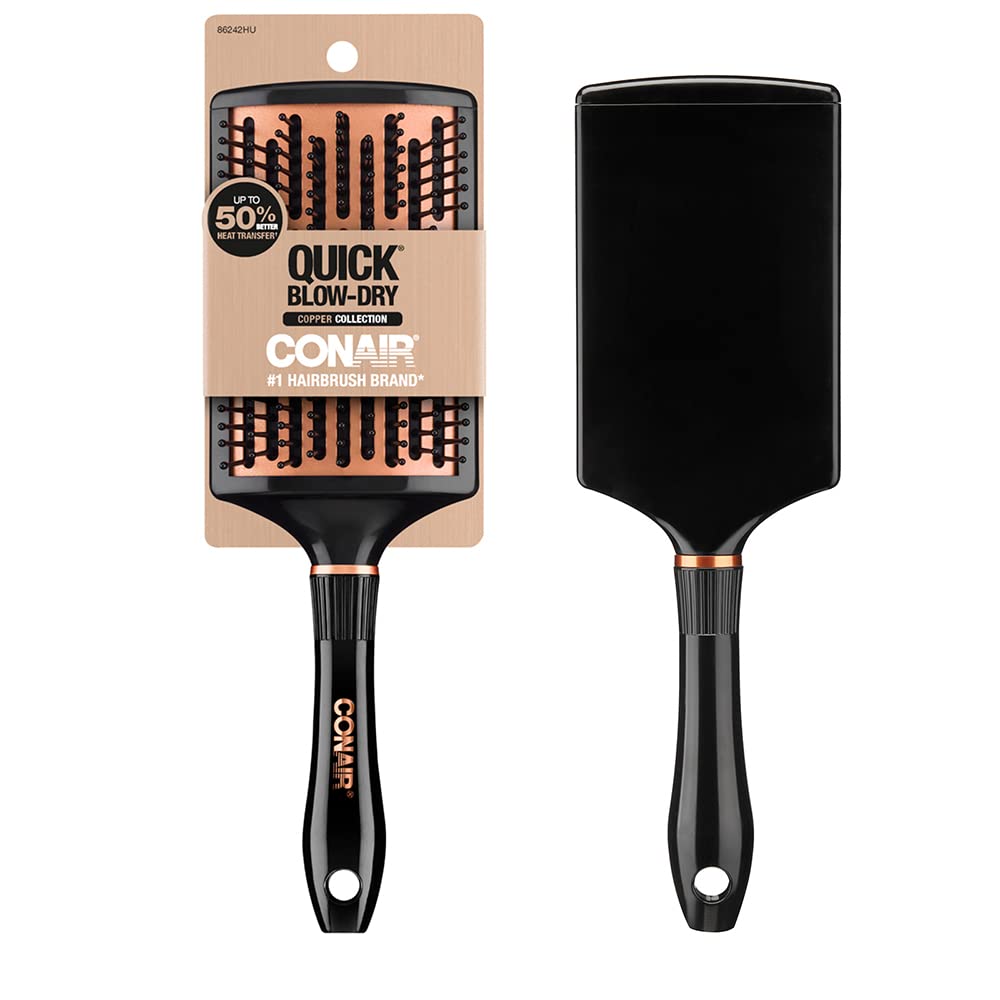 Conair Quick Blow Dry Copper Collection paddle brush glides smoothly through hair for snag-free styling.