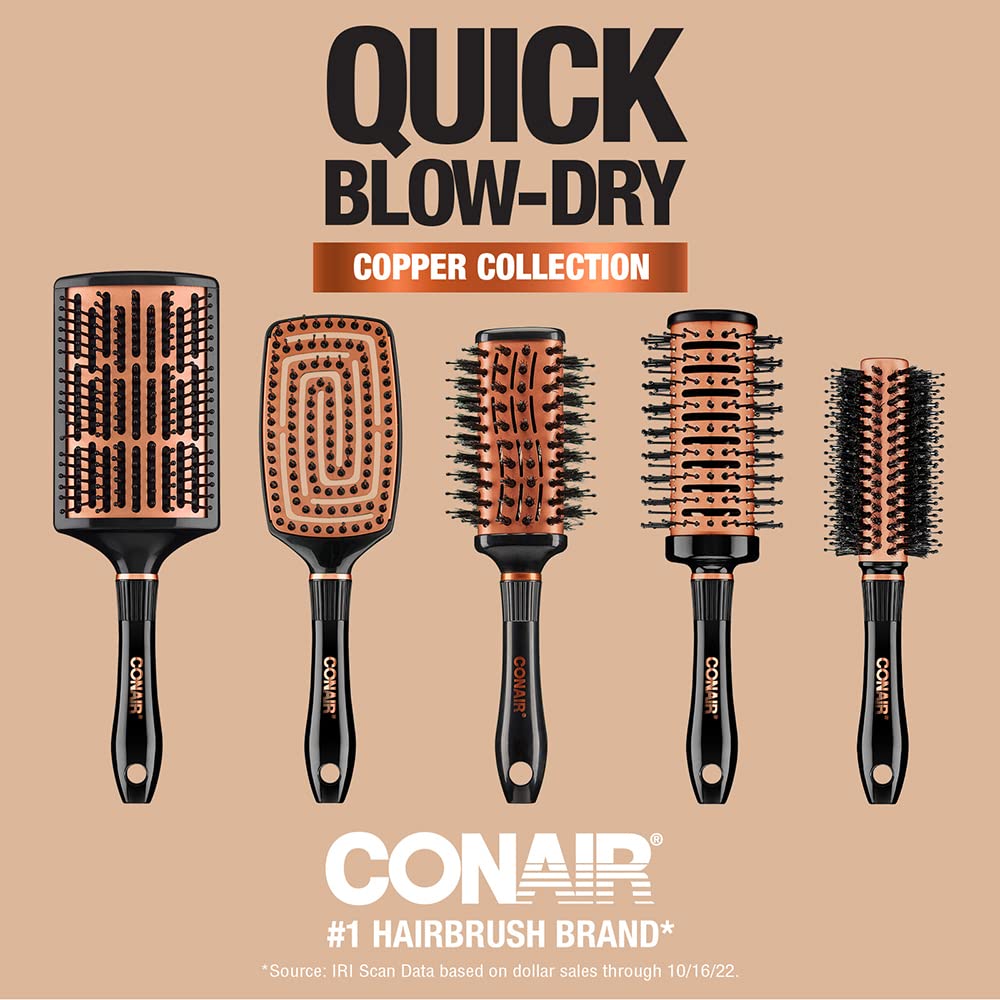 Conair Quick Blow Dry Copper Collection wide-surface paddle speeds up drying for long, thick hair.