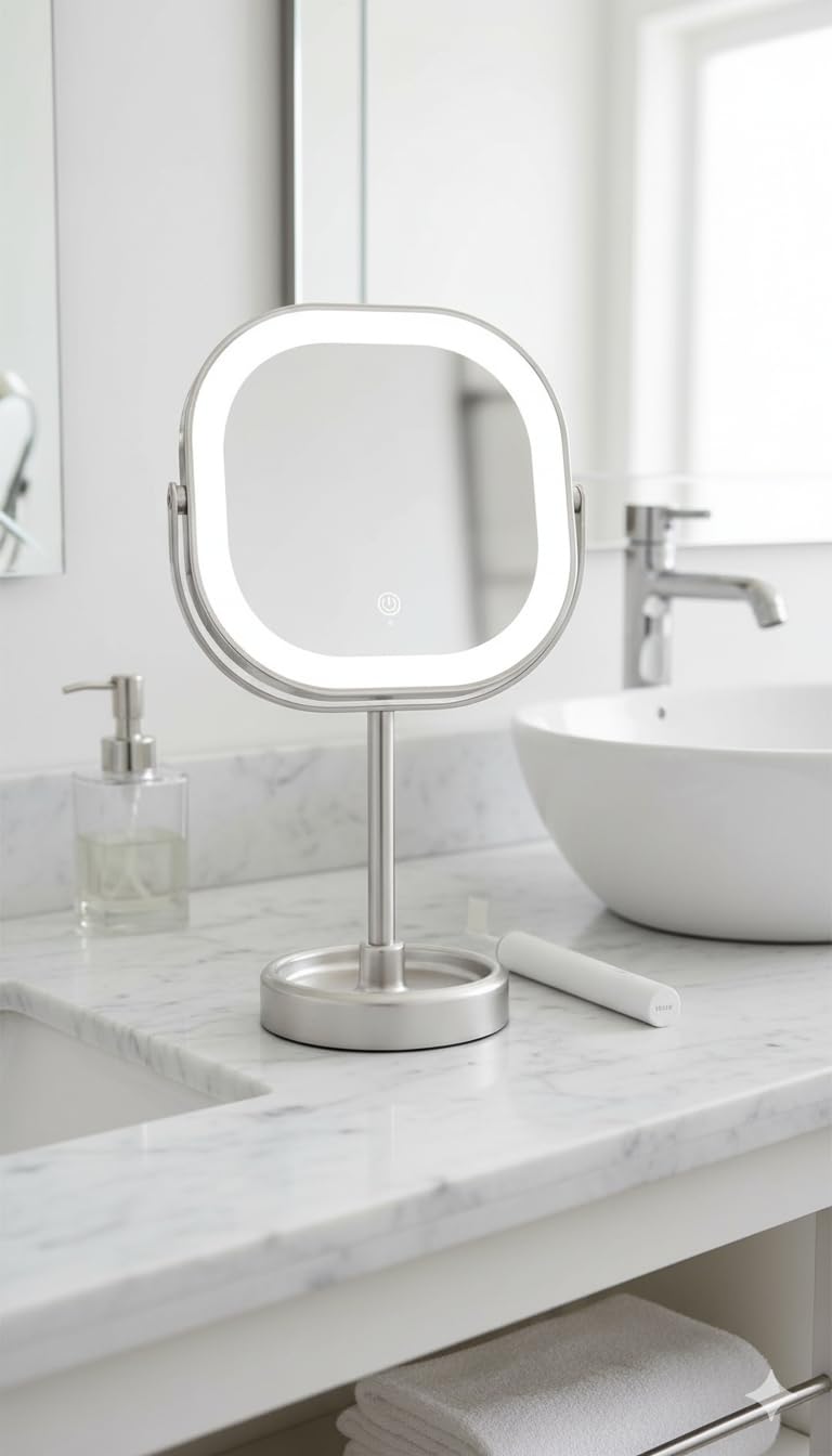 Conair rotating LED mirror includes a built-in tray to organize jewelry and cosmetics.