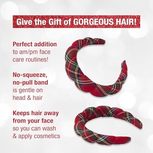 Conair Spa Tartan Headband worn to keep hair away from face.