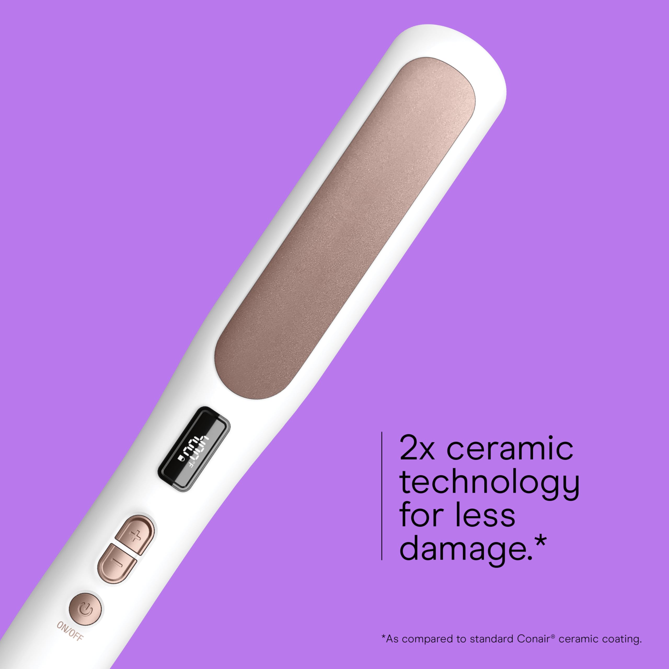 Conair straightening brush with 5 LEDs guides heat settings for tailored styling.