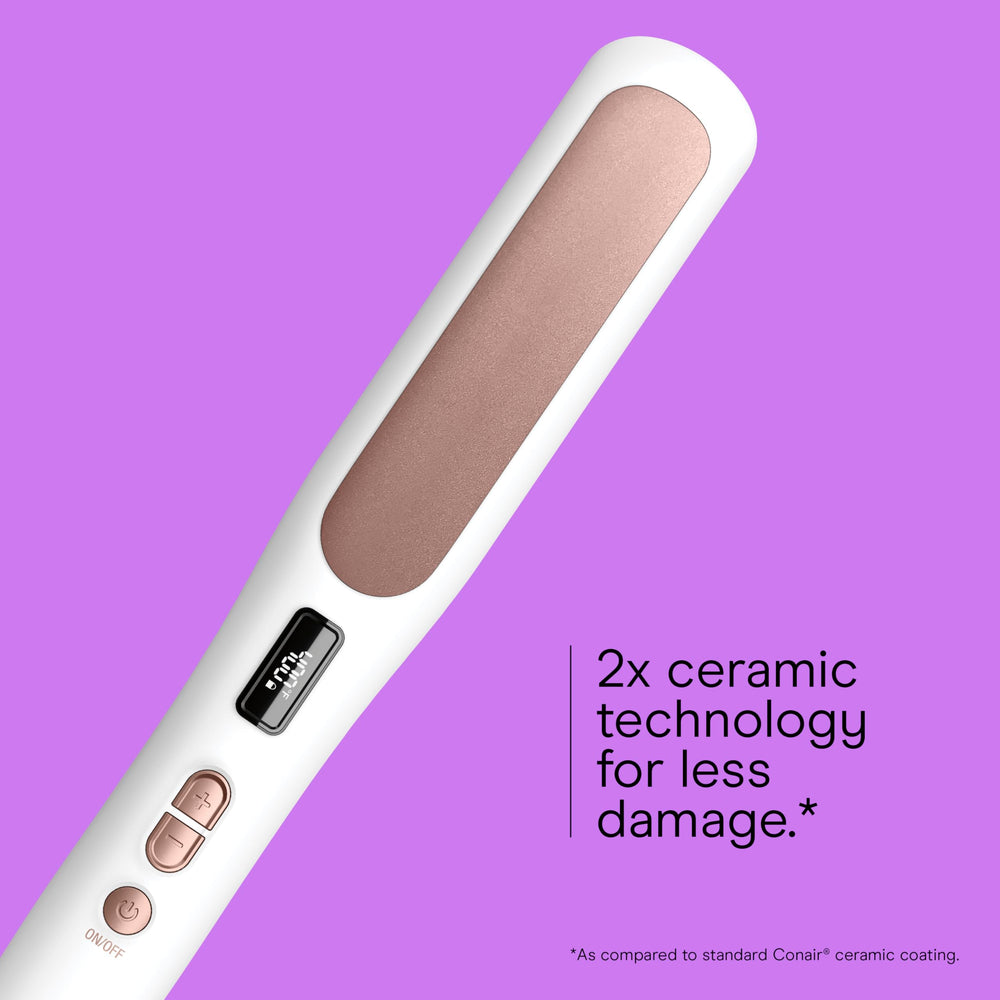 Conair straightening brush with 5 LEDs guides heat settings for tailored styling.