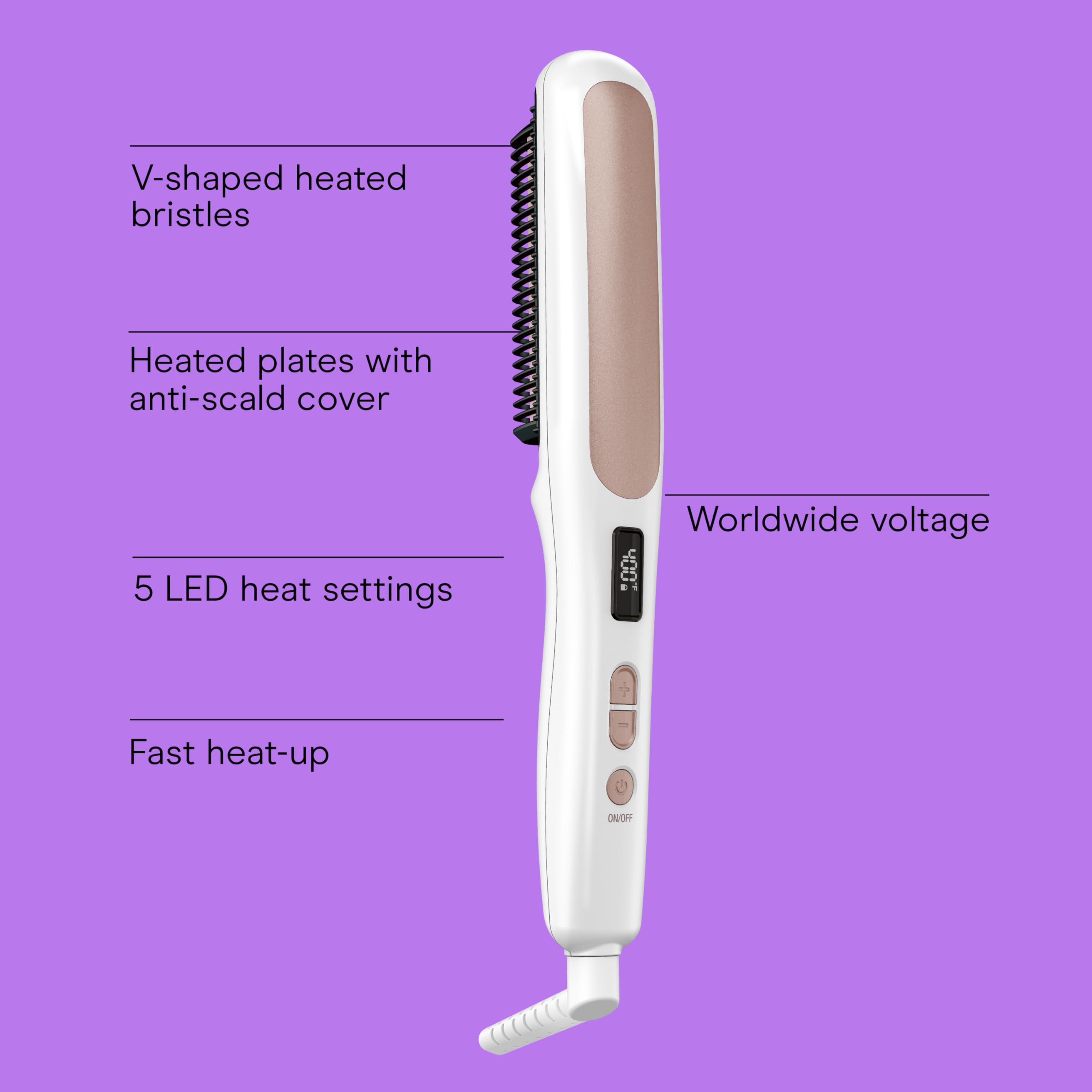 Conair straightening brush with V-shaped bristles grips hair for closer, easier styling.