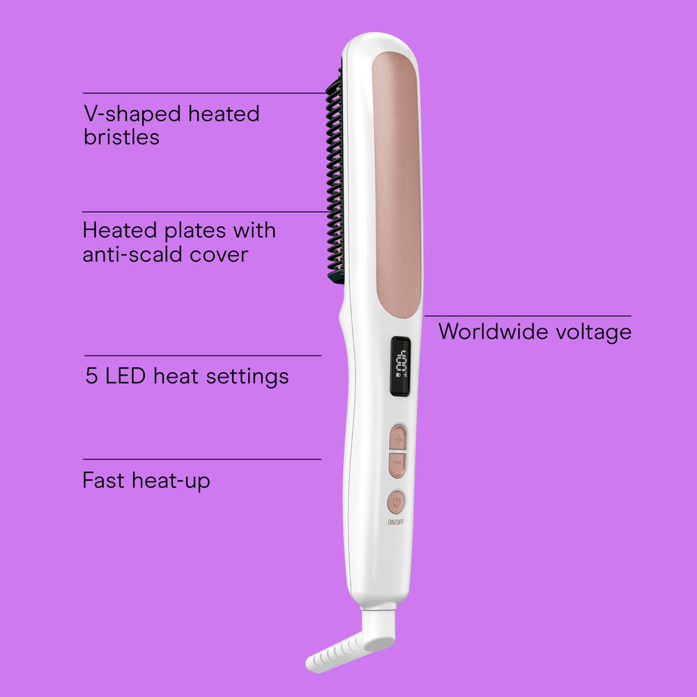 Conair straightening brush with V-shaped bristles grips hair for closer, easier styling.