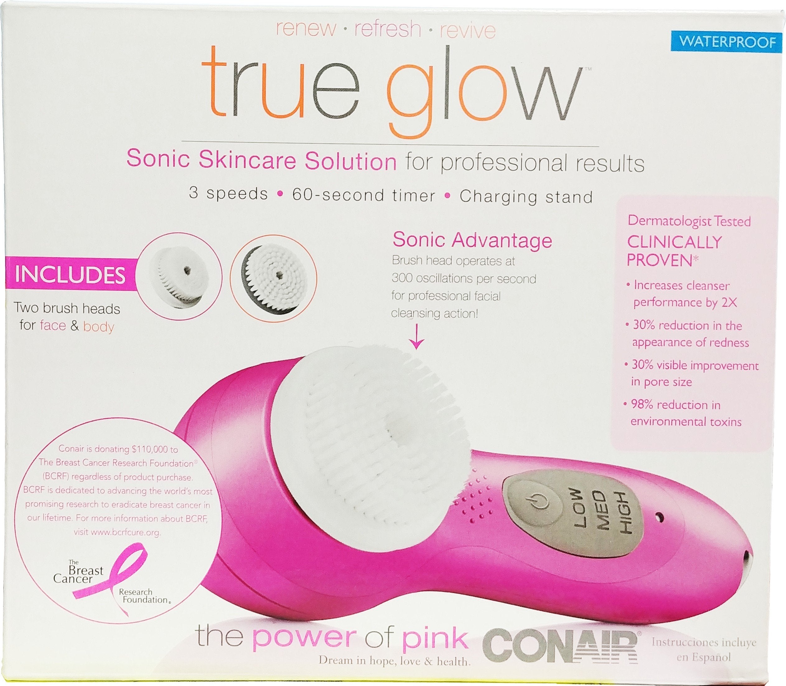 Conair True Glow Sonic Facial Brush front view for a deeper clean and refreshed skin