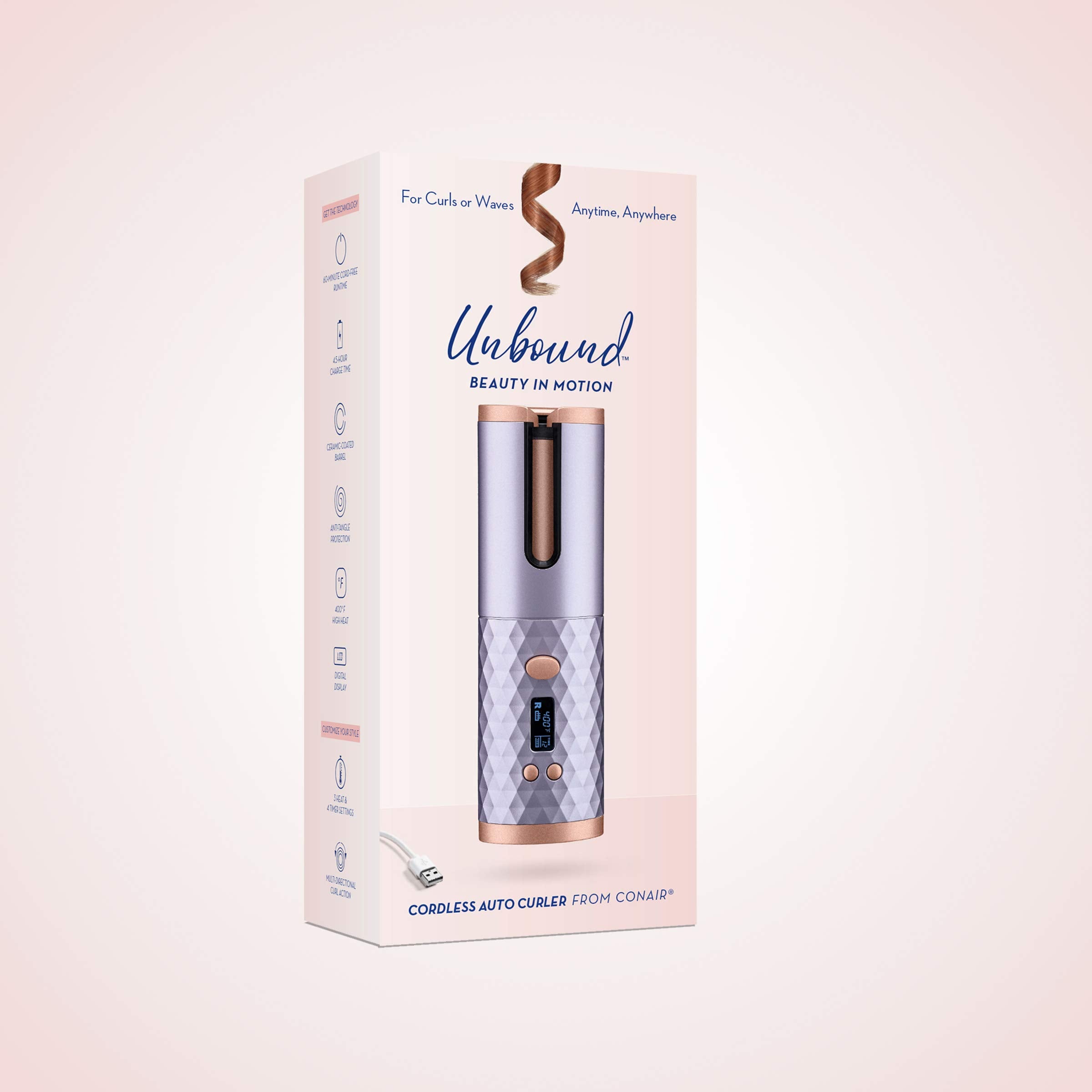 Conair Unbound cordless auto curler curl-chamber visualizes directional curling with anti-tangle protection.